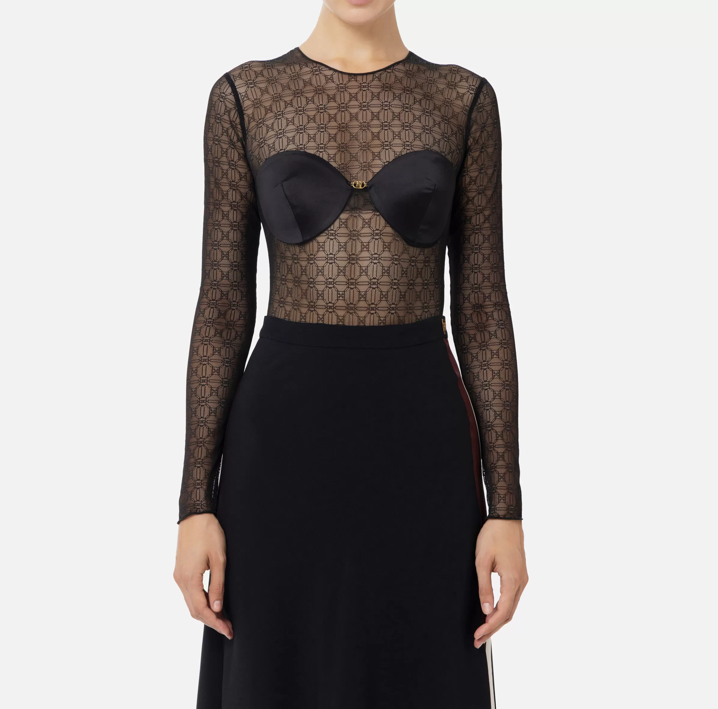 Elisabetta Franchi Top, T-Shirt & Body^Body in tulle jacquard con coppe Nero