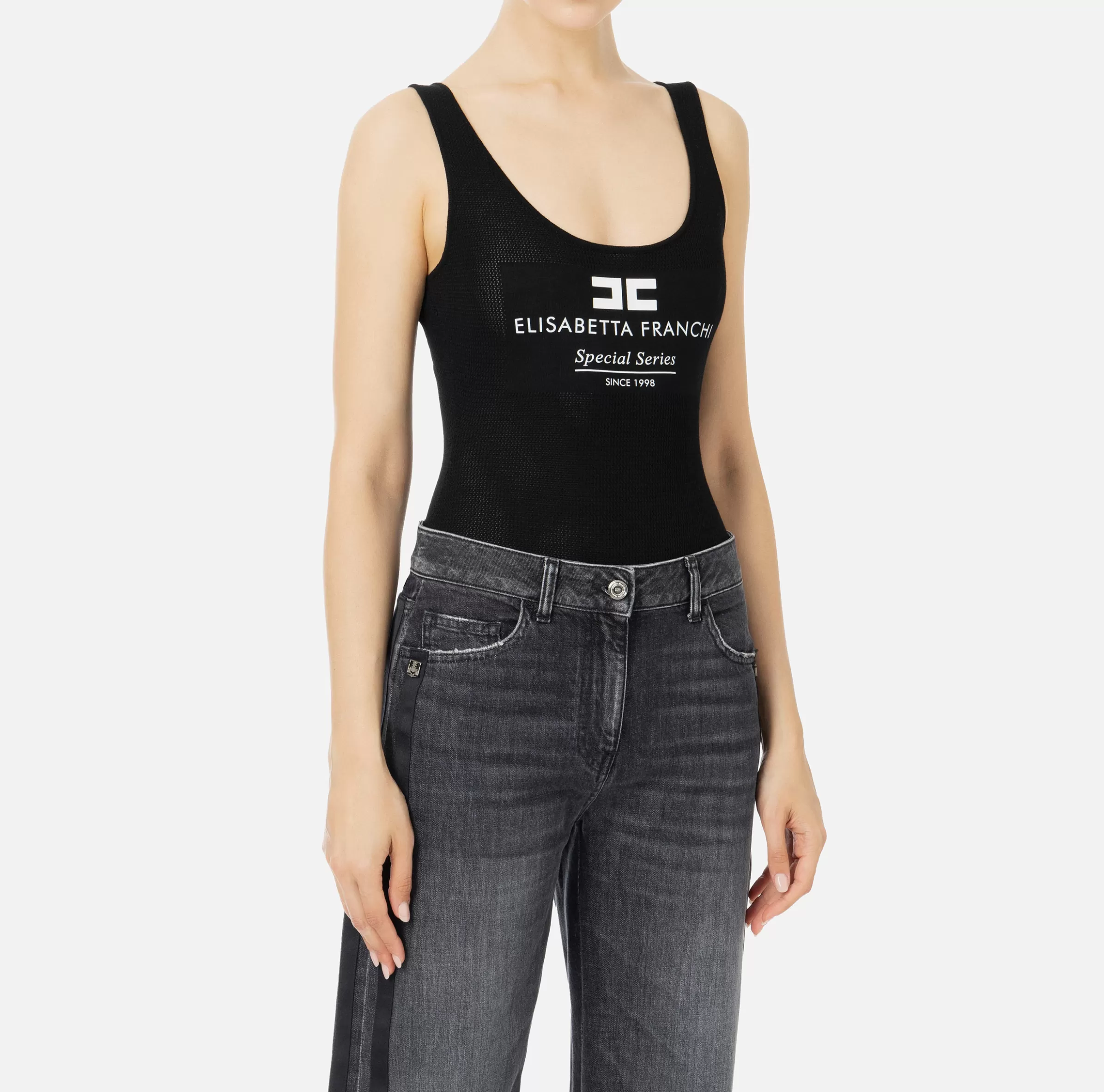 Elisabetta Franchi Top, T-Shirt & Body^Body in viscosa punto rete con intarsio Nero