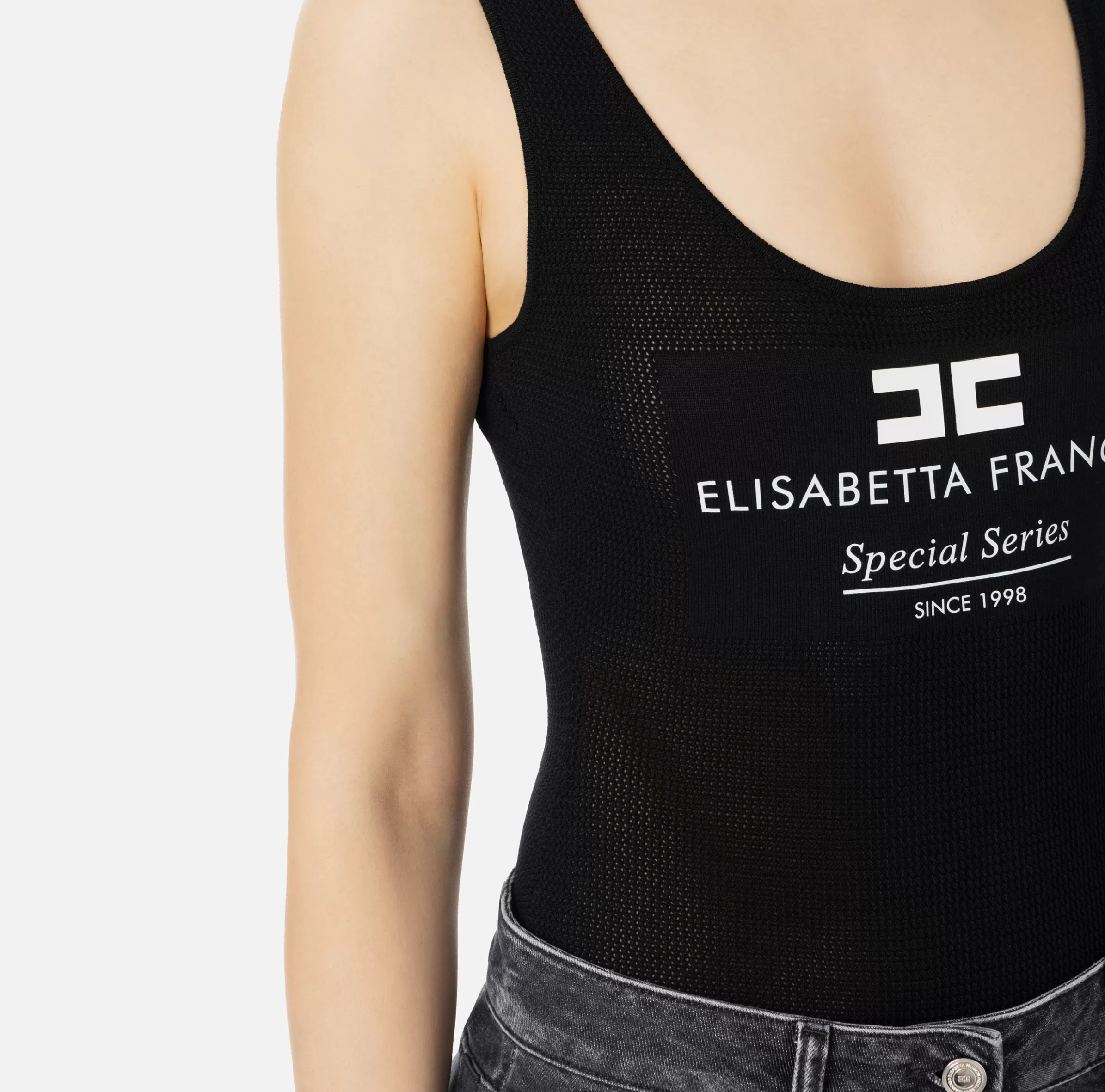 Elisabetta Franchi Top, T-Shirt & Body^Body in viscosa punto rete con intarsio Nero