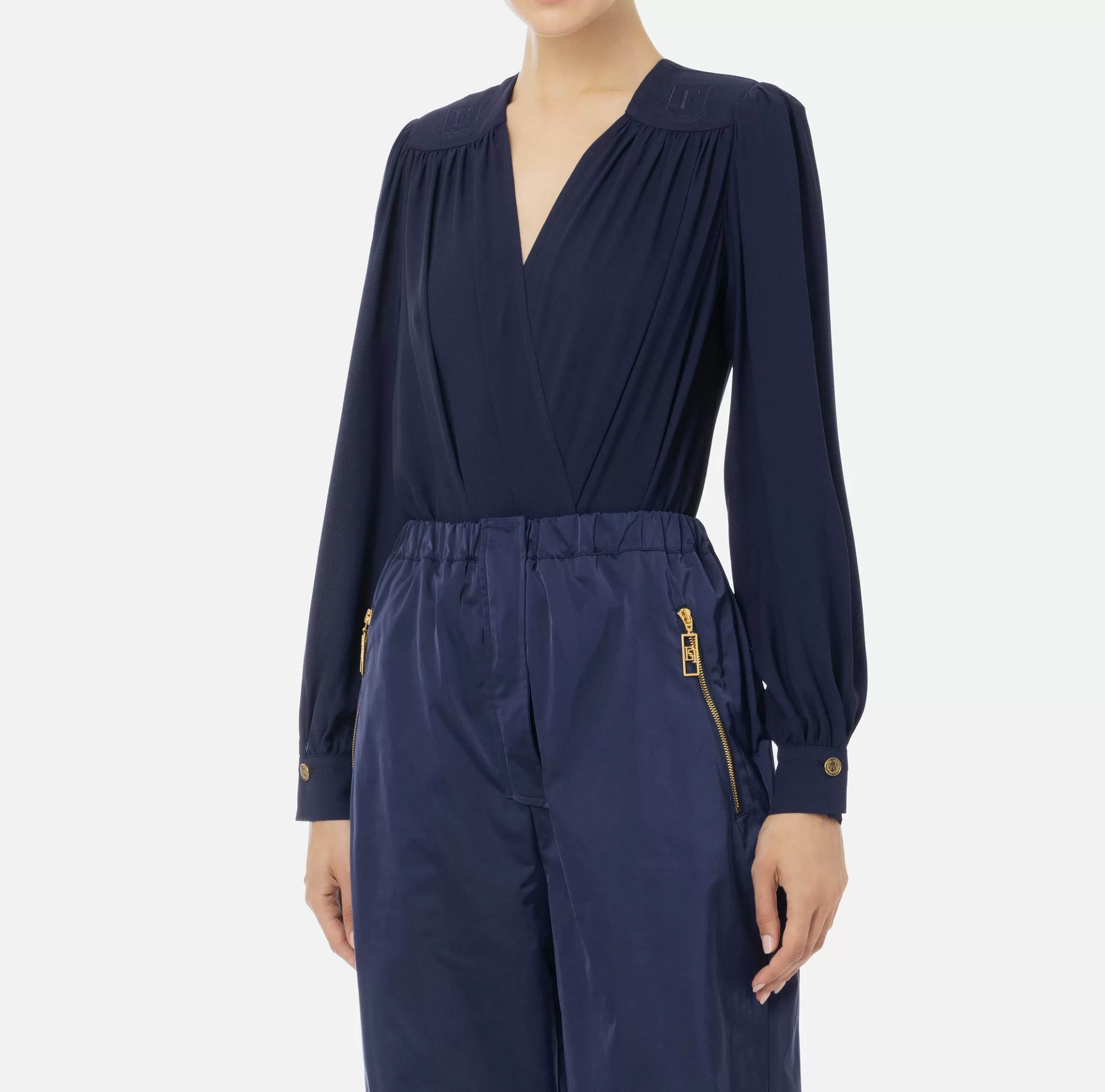 Elisabetta Franchi Camicie E Bluse | Top, T-Shirt & Body^Camicia body in georgette con ricamo su spalle Navy