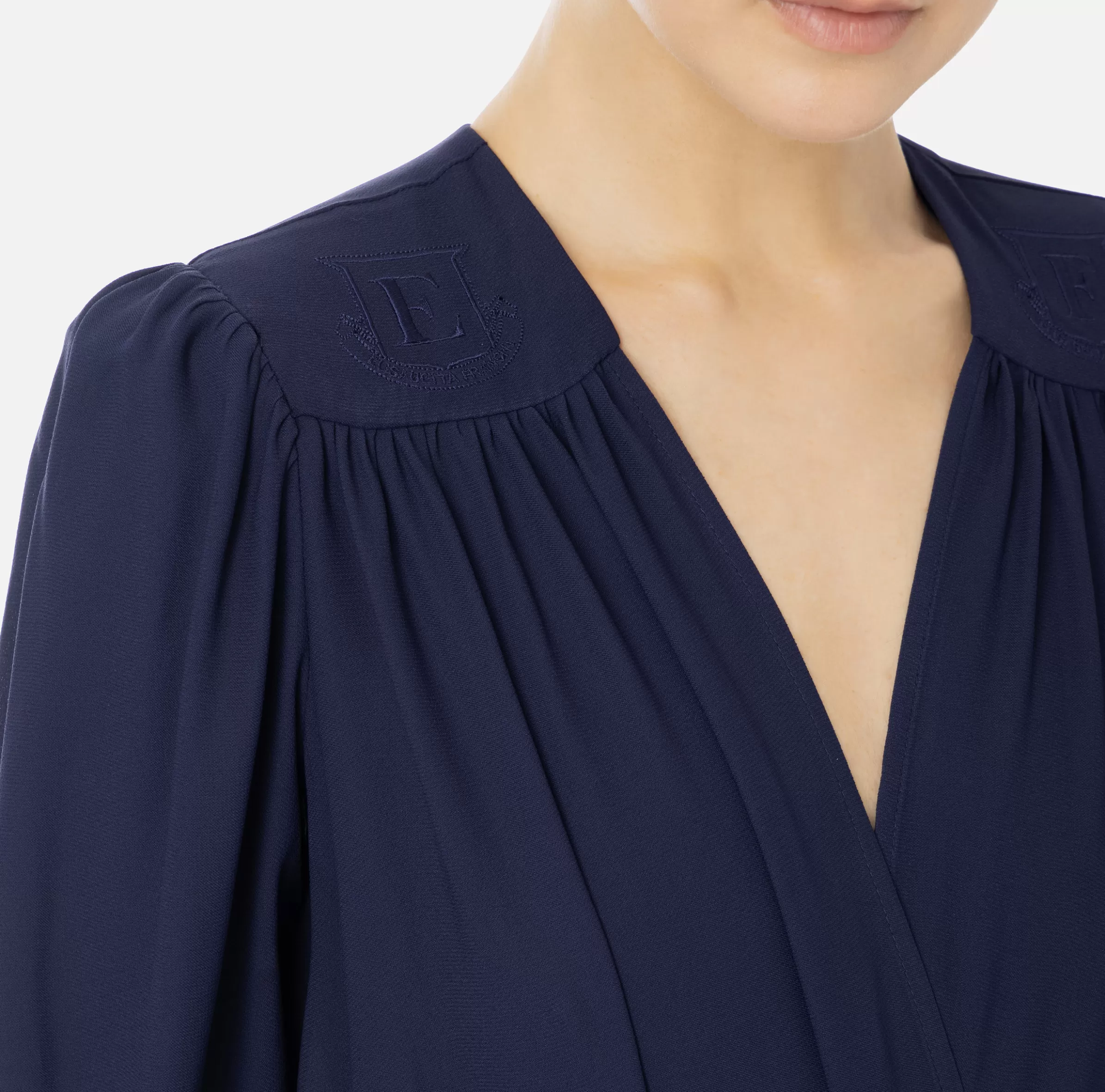 Elisabetta Franchi Camicie E Bluse | Top, T-Shirt & Body^Camicia body in georgette con ricamo su spalle Navy