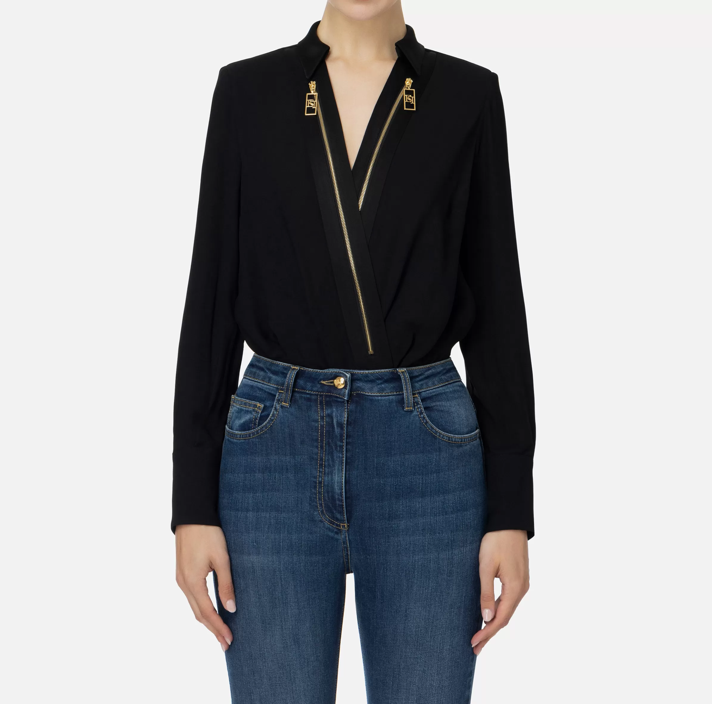 Elisabetta Franchi Camicie E Bluse | Top, T-Shirt & Body^Camicia body in georgette e raso con zip Nero