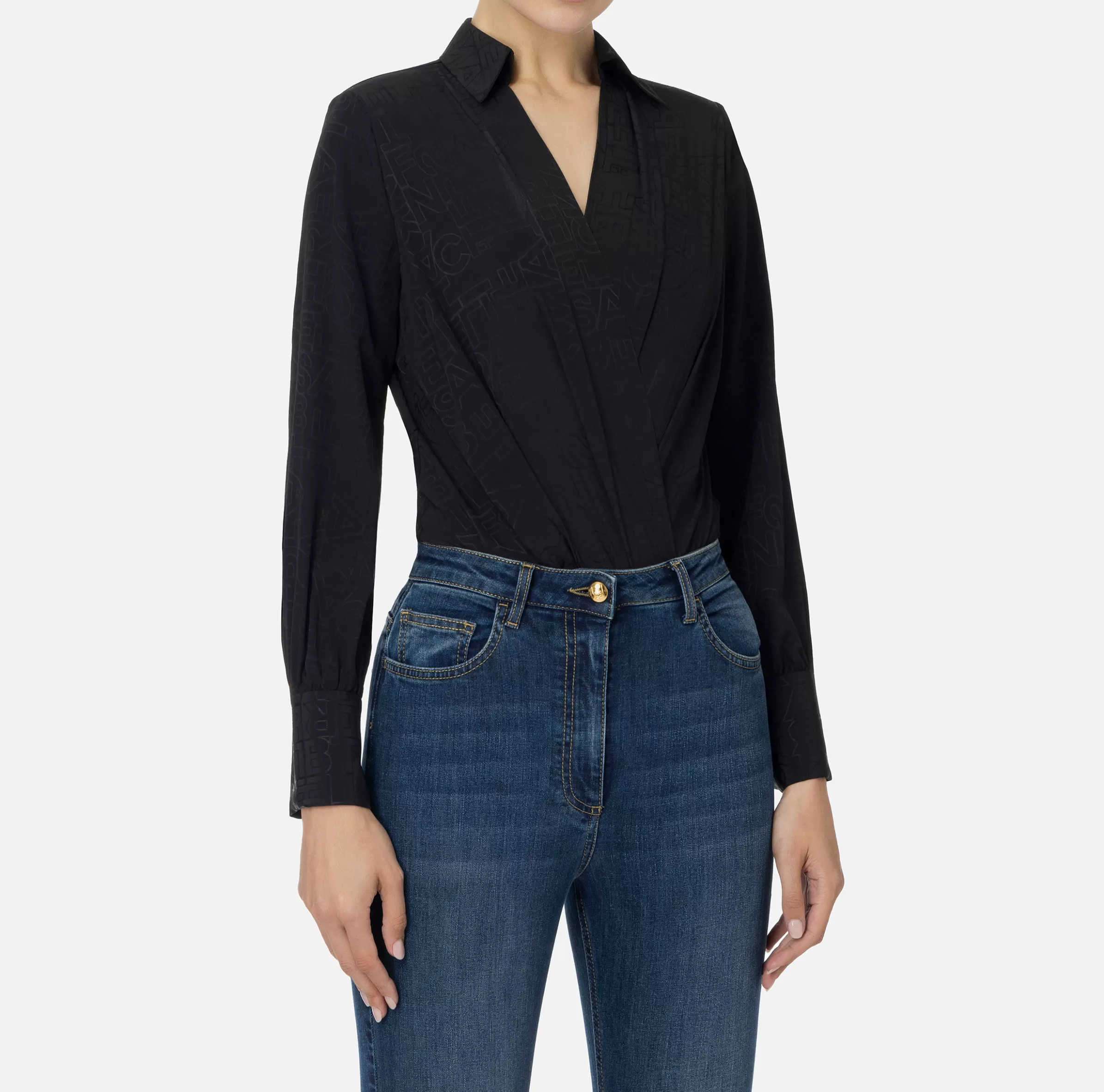 Elisabetta Franchi Camicie E Bluse | Top, T-Shirt & Body^Camicia body in georgette jacquard lettering Nero