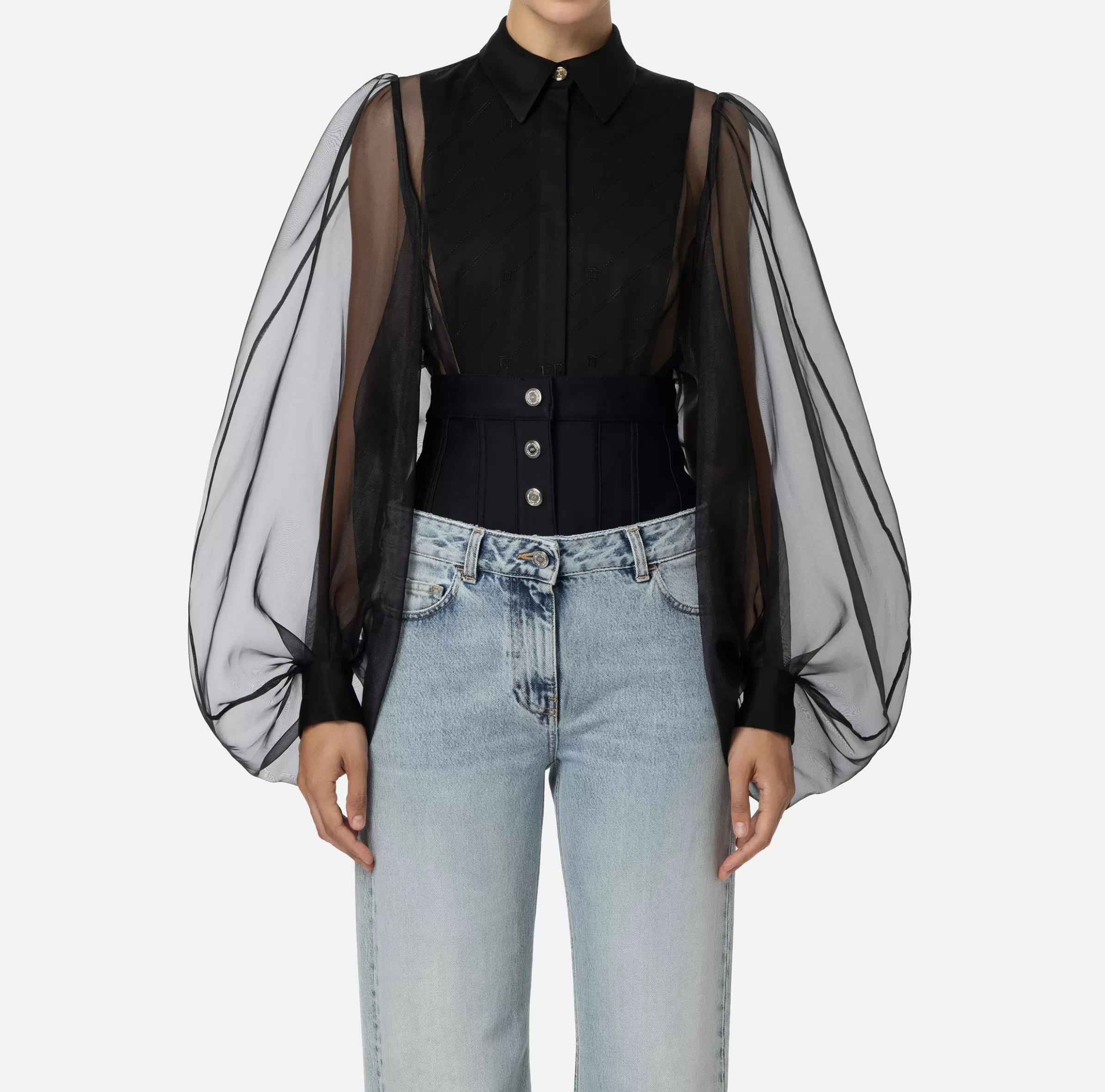 Elisabetta Franchi Camicie E Bluse | Top, T-Shirt & Body^Camicia body in organza con plastron Nero