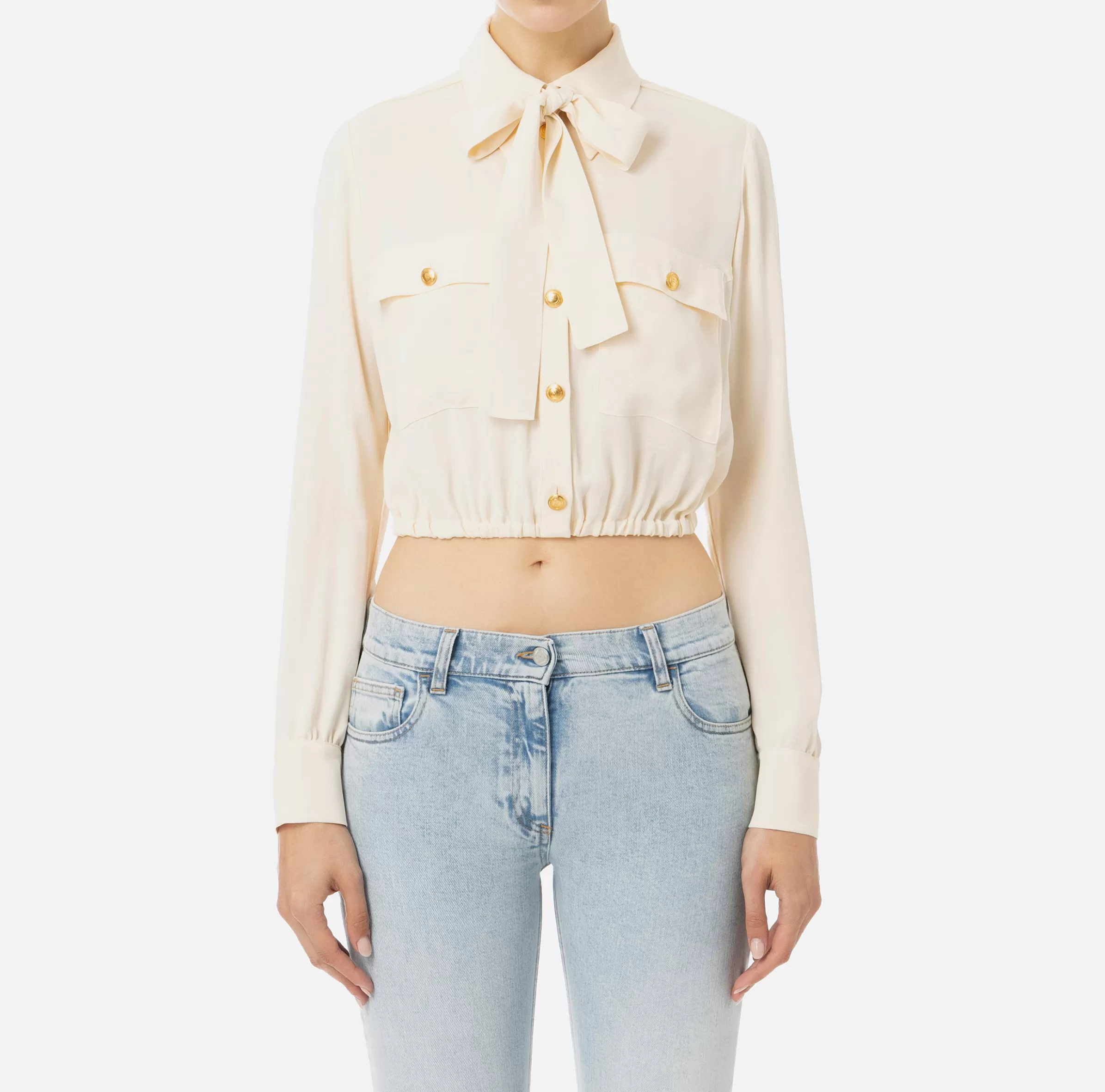 Elisabetta Franchi Camicie E Bluse^Camicia cropped in georgette con foulard Burro