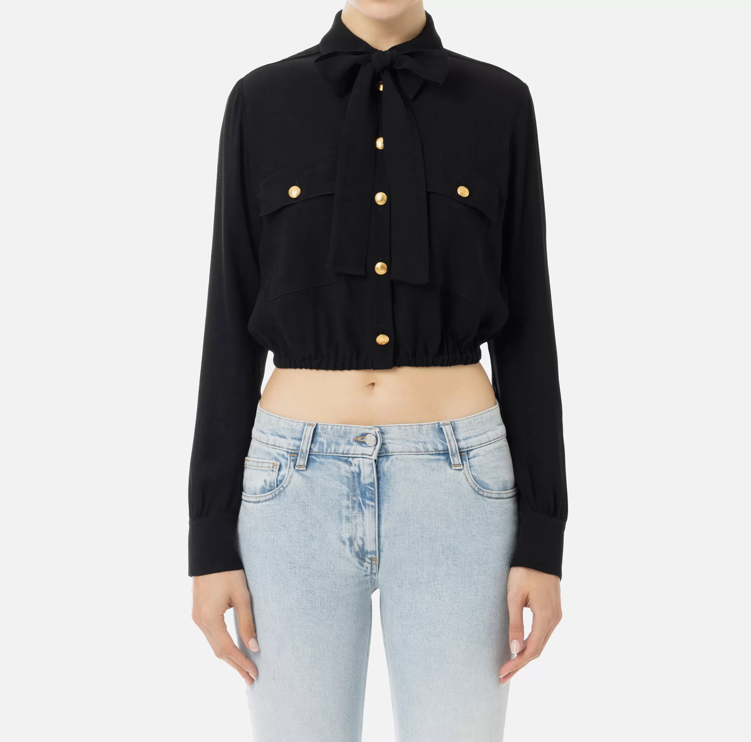 Elisabetta Franchi Camicie E Bluse^Camicia cropped in georgette con foulard Nero