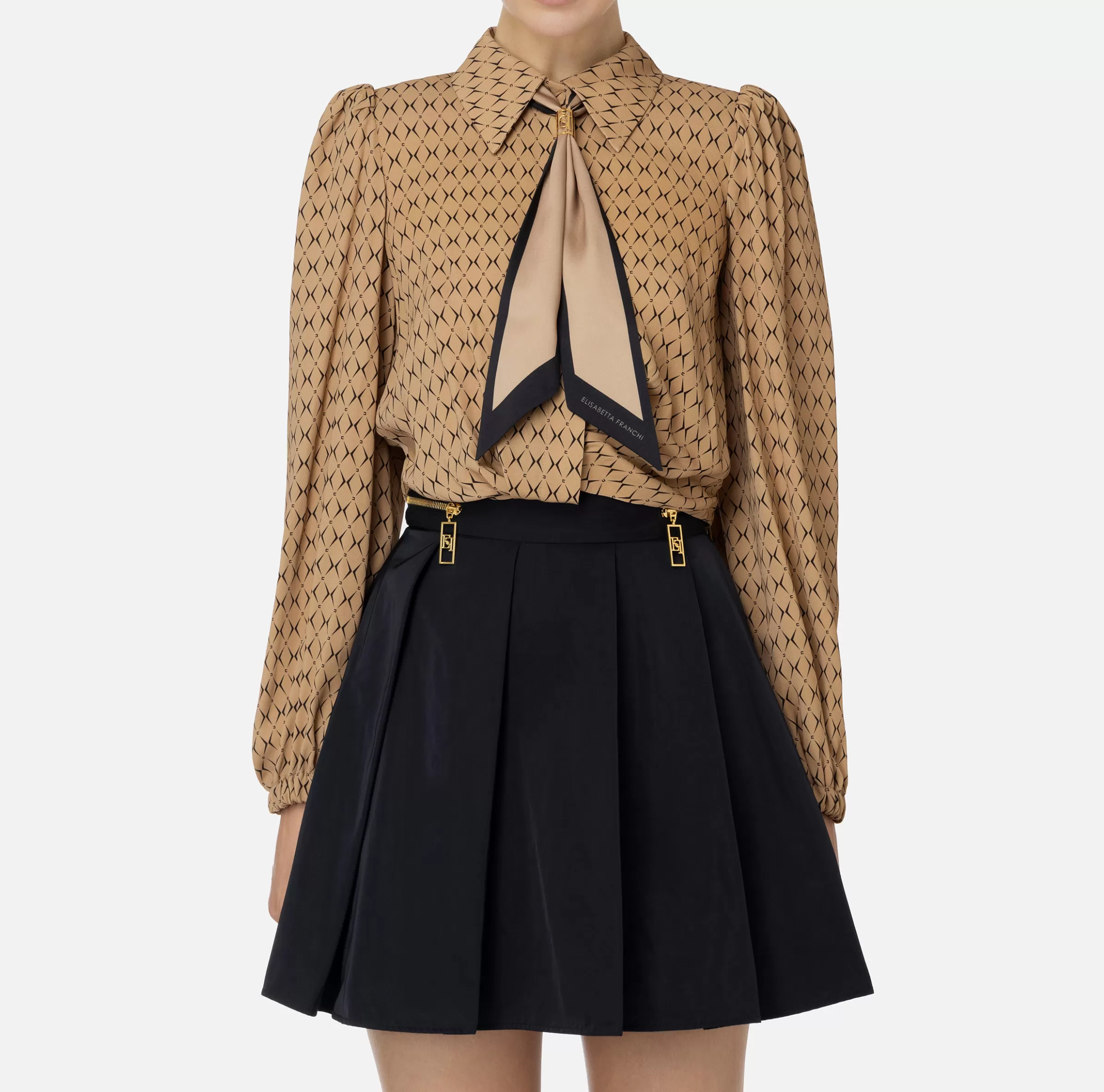 Elisabetta Franchi Camicie E Bluse^Camicia cropped in georgette stampa rombo con foulard Camel/Nero