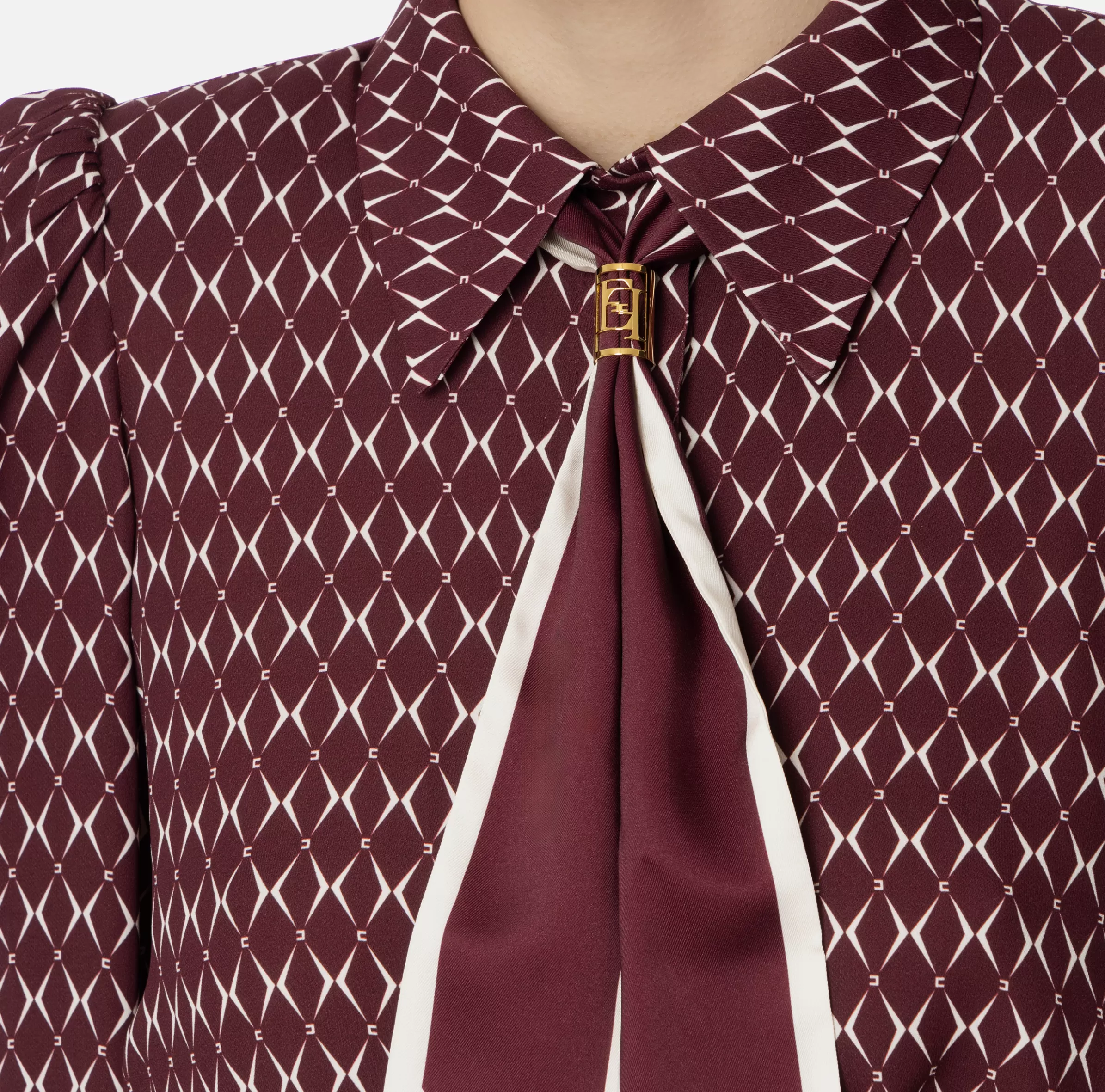 Elisabetta Franchi Camicie E Bluse^Camicia cropped in georgette stampa rombo con foulard RougeNoir/Burro