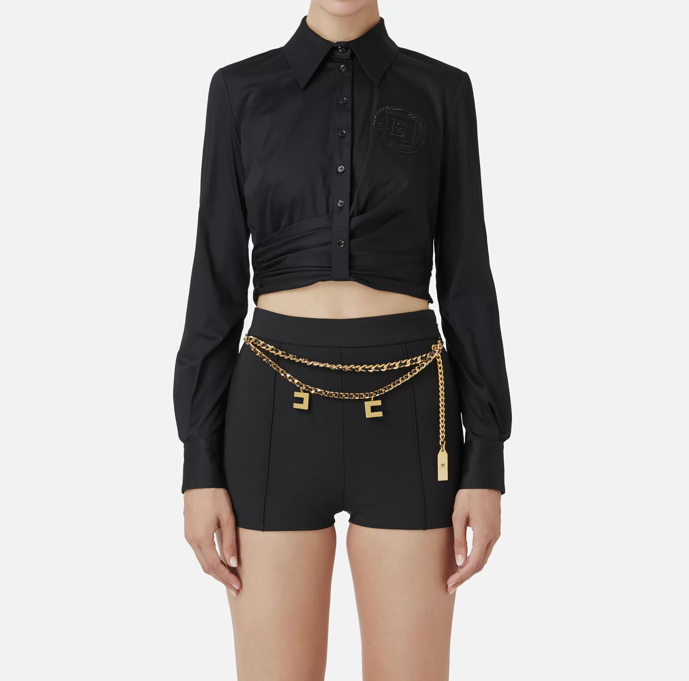 Elisabetta Franchi Camicie E Bluse^Camicia cropped in popeline stretch con drappeggio Nero