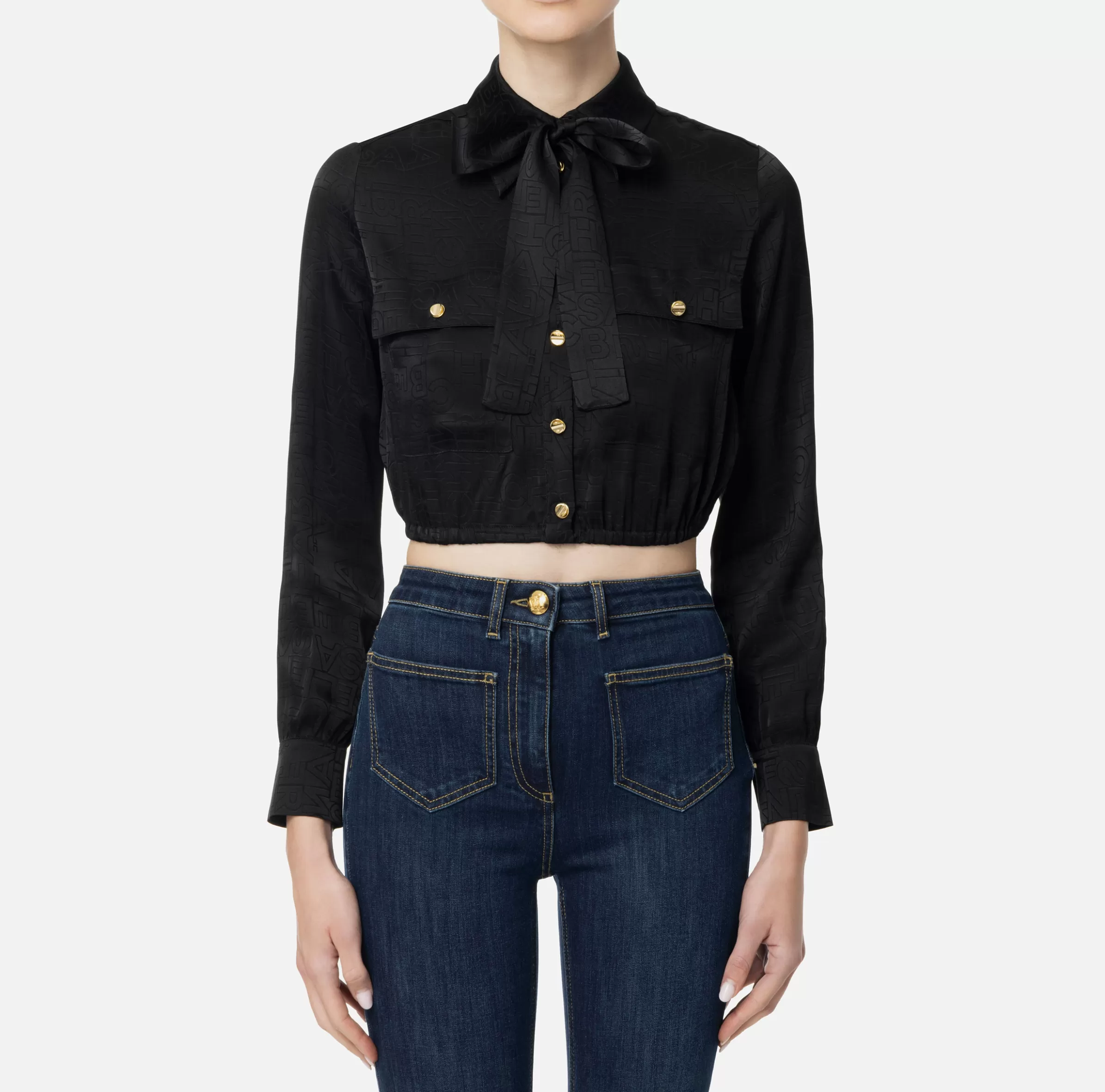 Elisabetta Franchi Camicie E Bluse^Camicia cropped in raso jacquard con foulard Nero