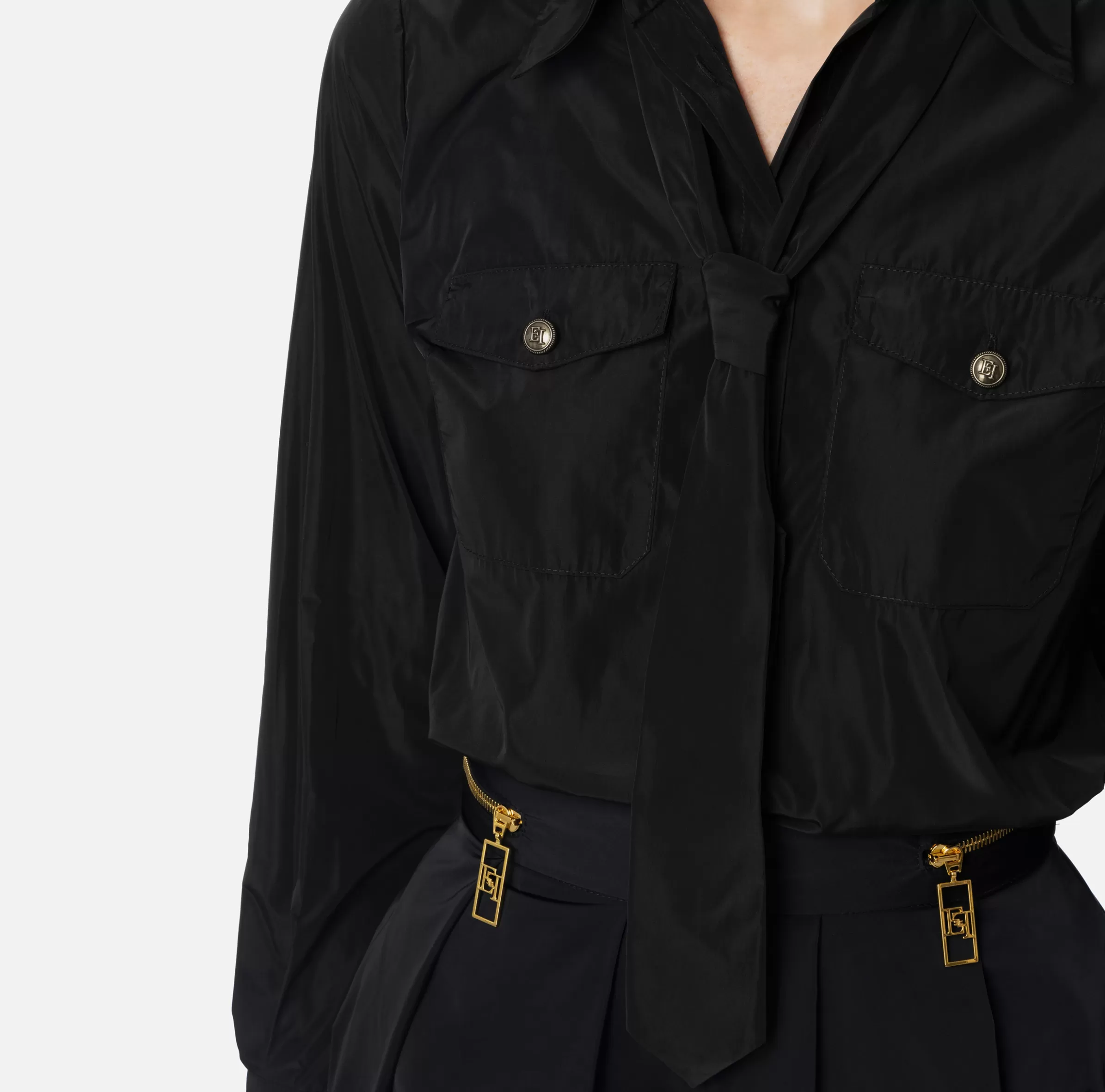 Elisabetta Franchi Camicie E Bluse^Camicia dritta in nylon tecnico con cravatta Nero