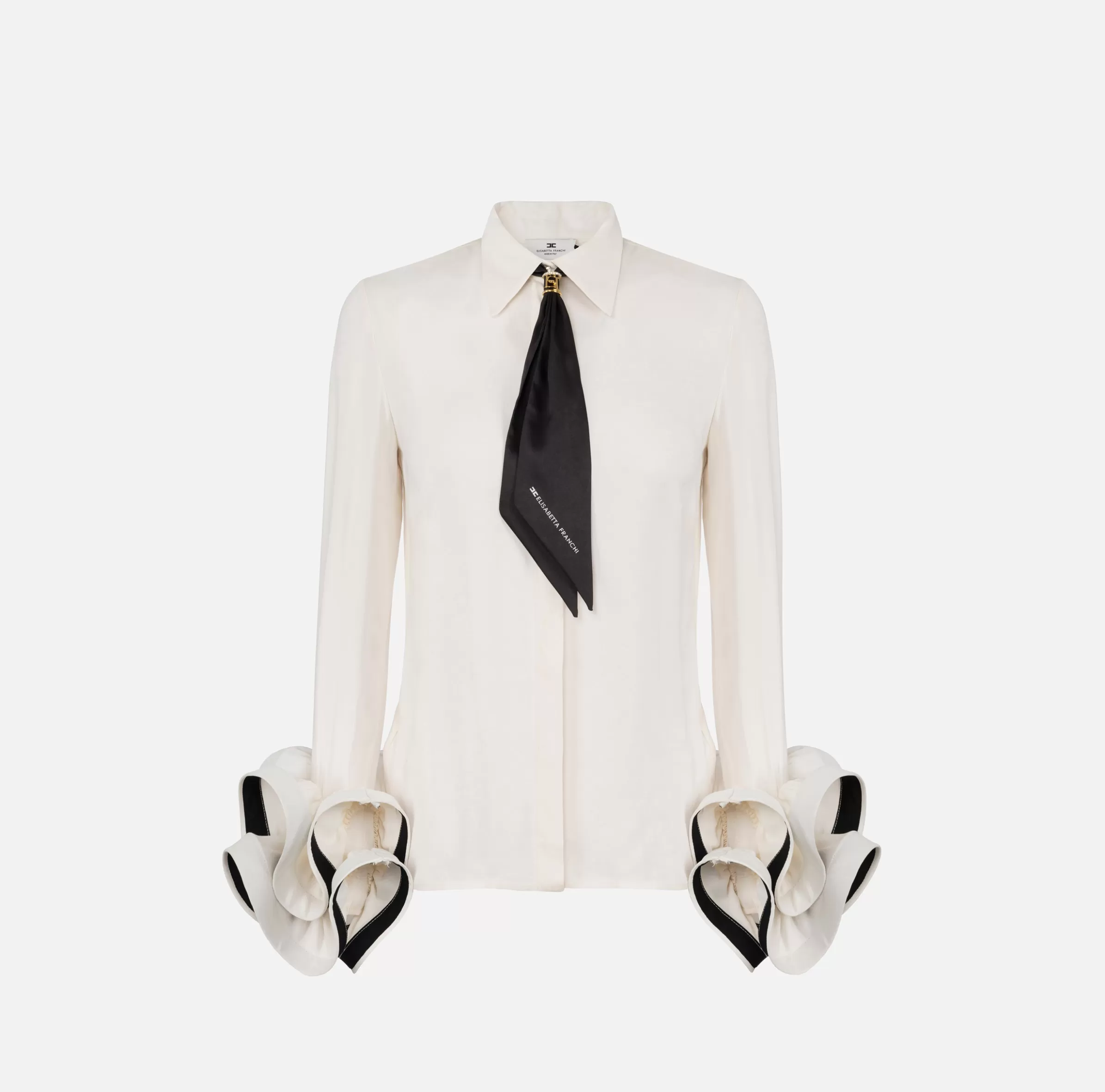 Elisabetta Franchi Camicie E Bluse^Camicia in georgette con ruches e foulard Burro/Nero