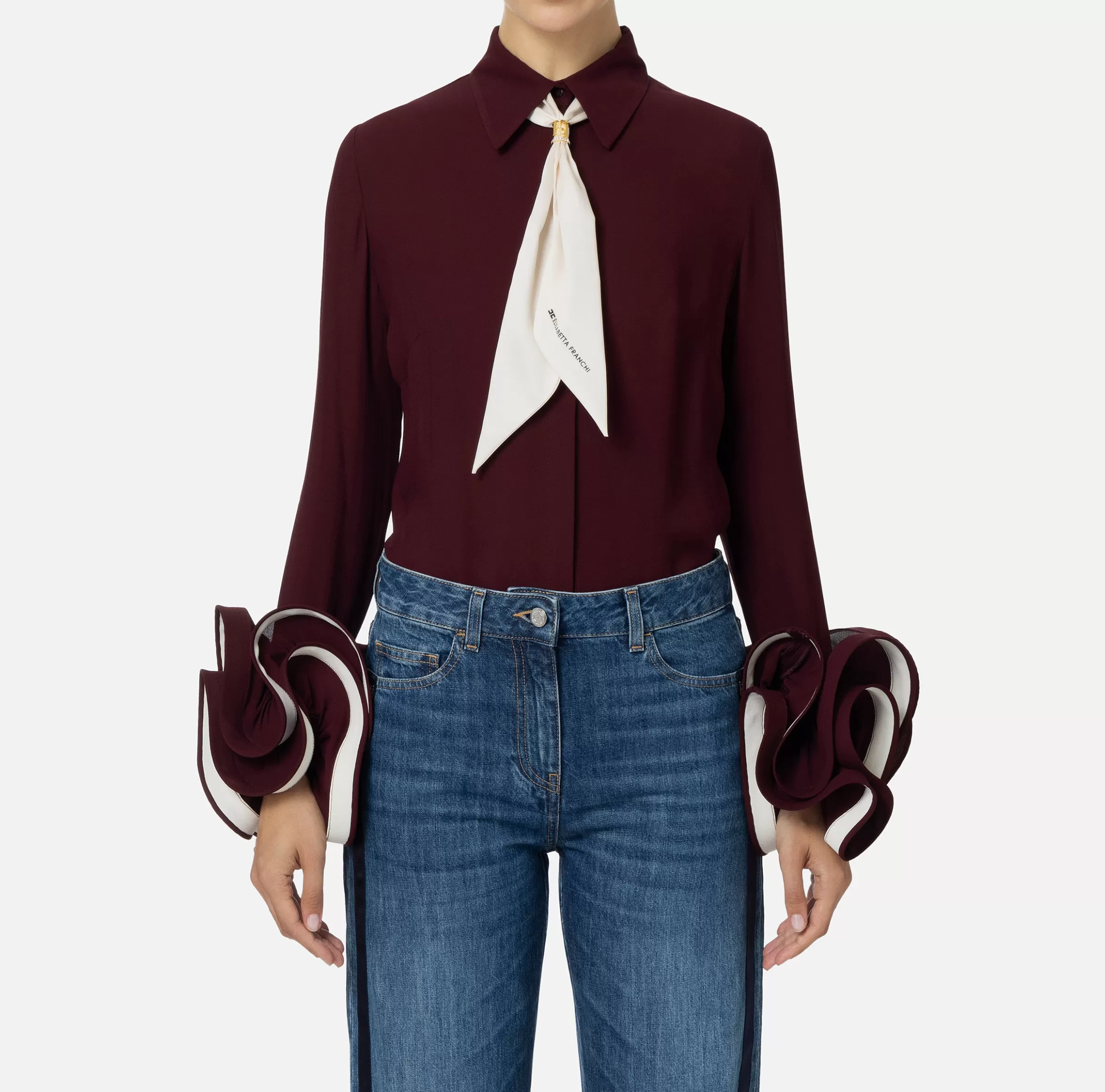 Elisabetta Franchi Camicie E Bluse^Camicia in georgette con ruches e foulard RougeNoir/Burro