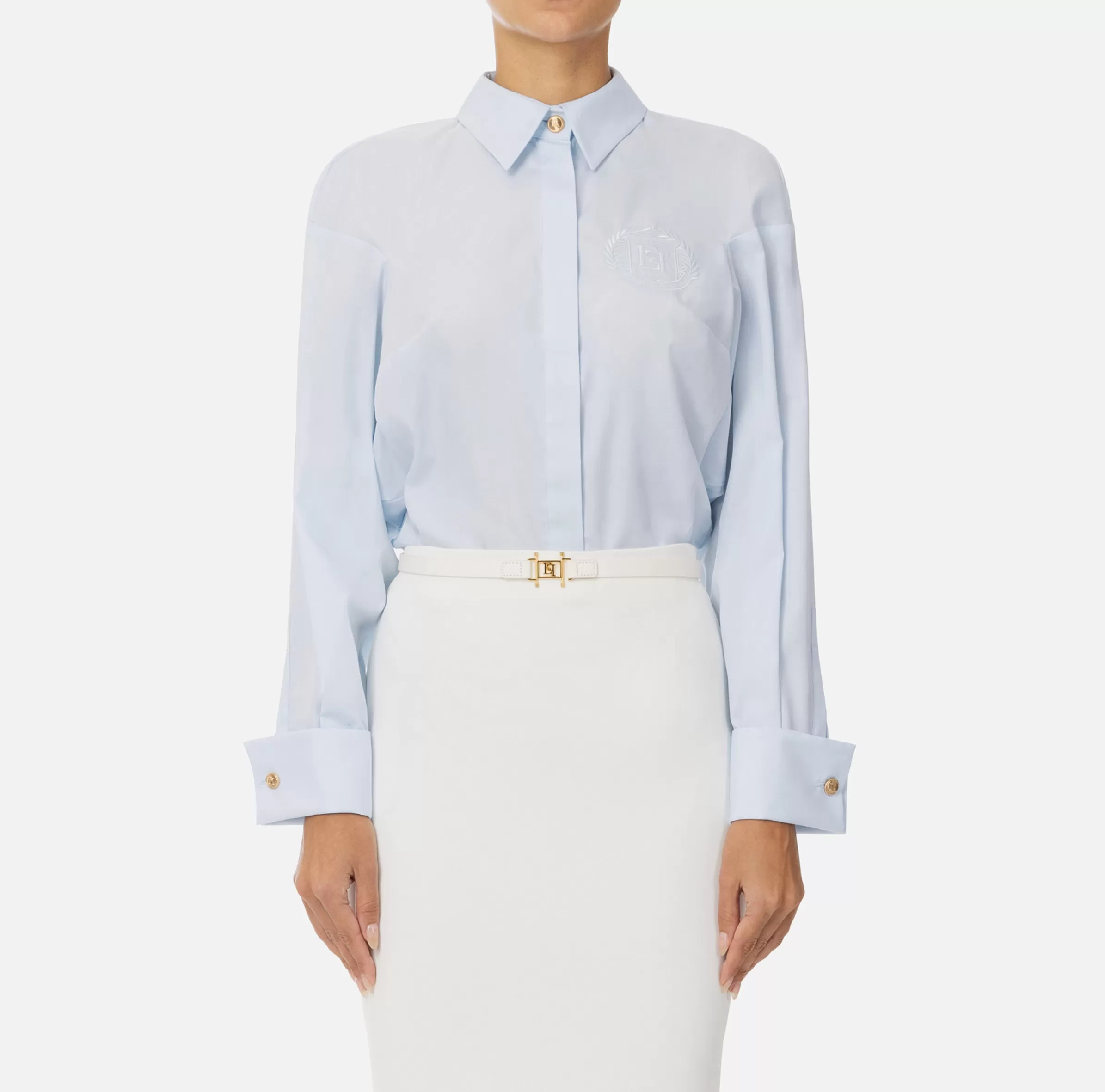 Elisabetta Franchi Camicie E Bluse^Camicia in popeline di cotone con arricciatura e stemma logo Skyblue