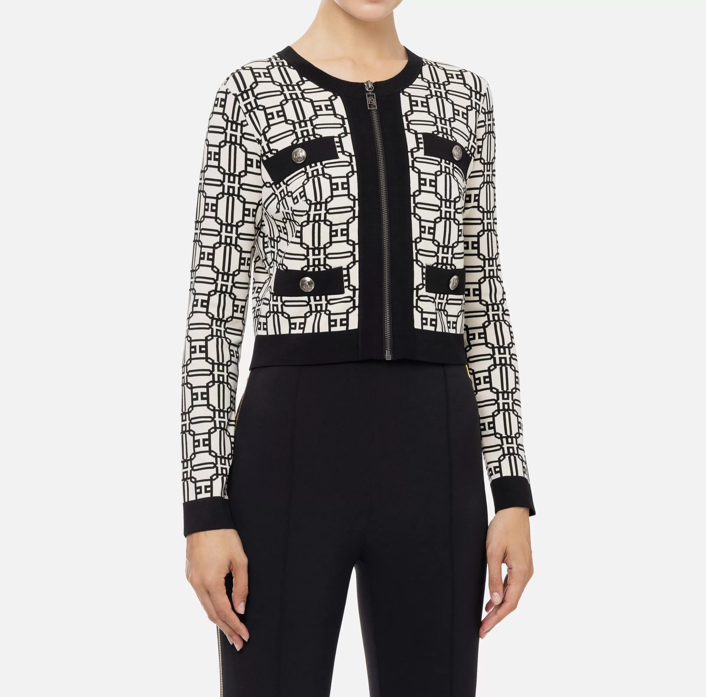 Elisabetta Franchi Maglieria E Felpe^Cardigan cropped logo jacquard Burro/Nero