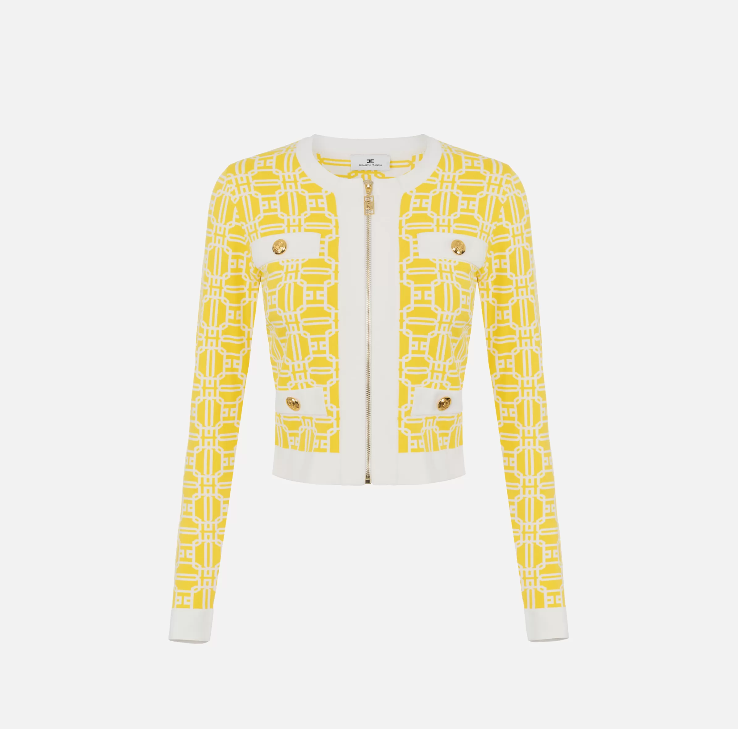 Elisabetta Franchi Maglieria E Felpe^Cardigan cropped logo jacquard Mimosa/Avorio