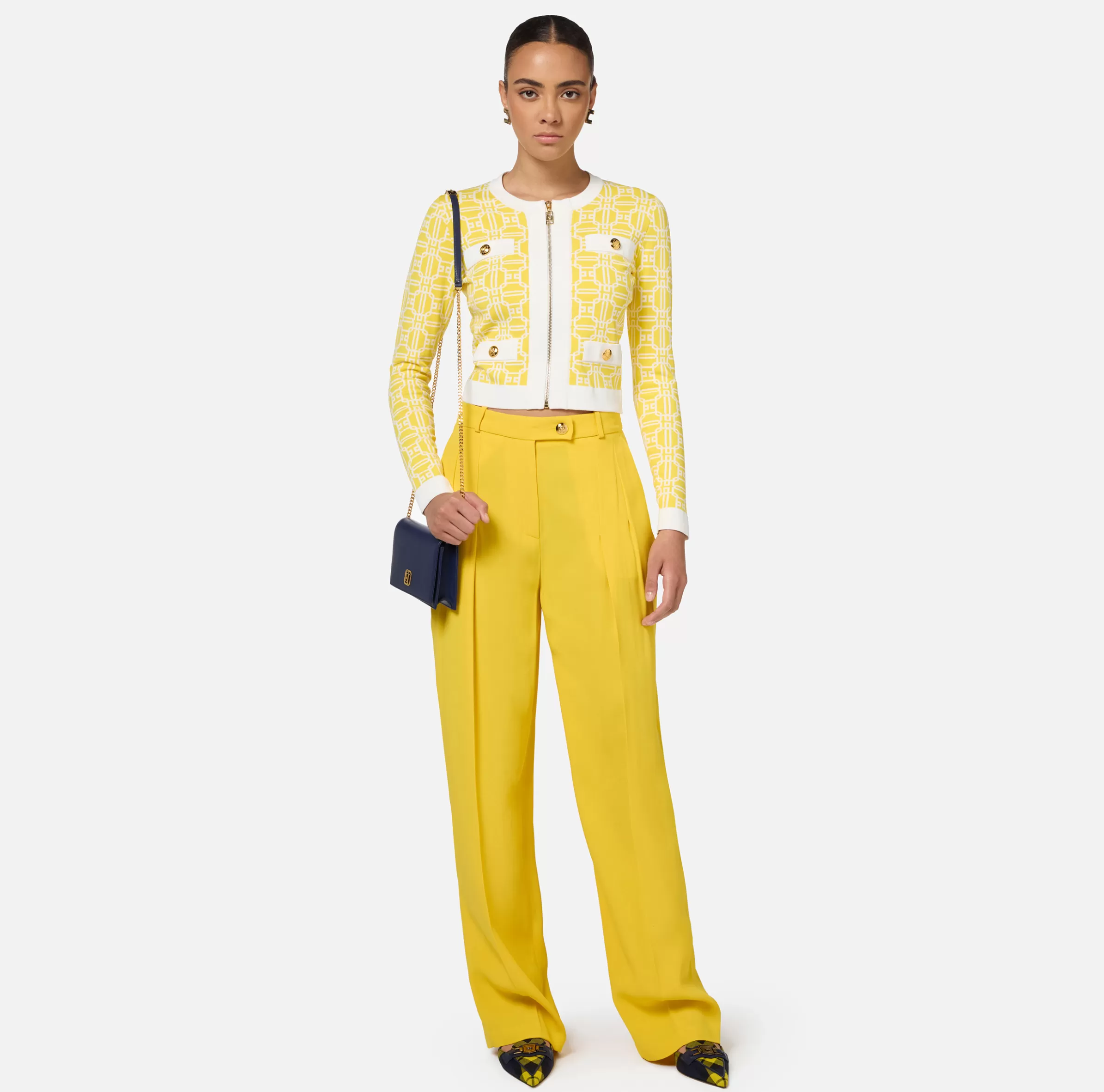 Elisabetta Franchi Maglieria E Felpe^Cardigan cropped logo jacquard Mimosa/Avorio