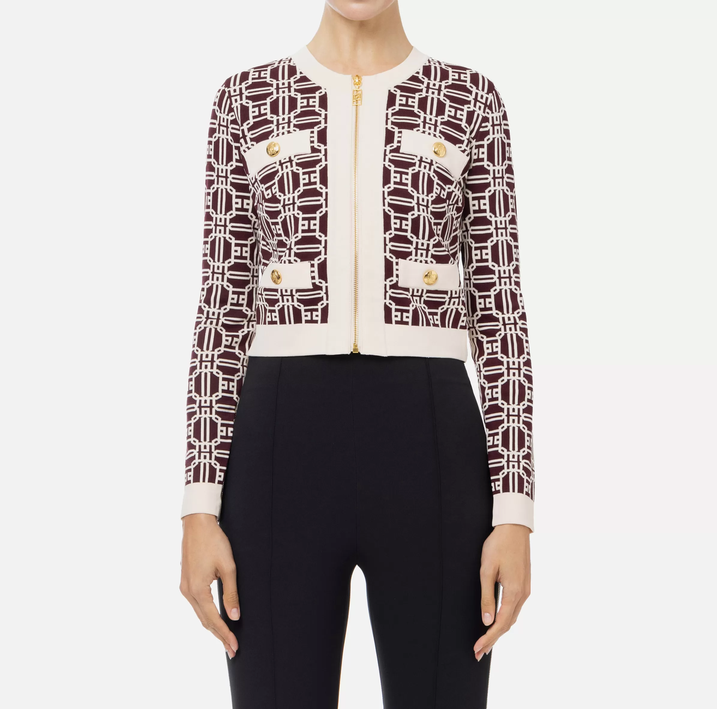 Elisabetta Franchi Maglieria E Felpe^Cardigan cropped logo jacquard RougeNoir/Burro