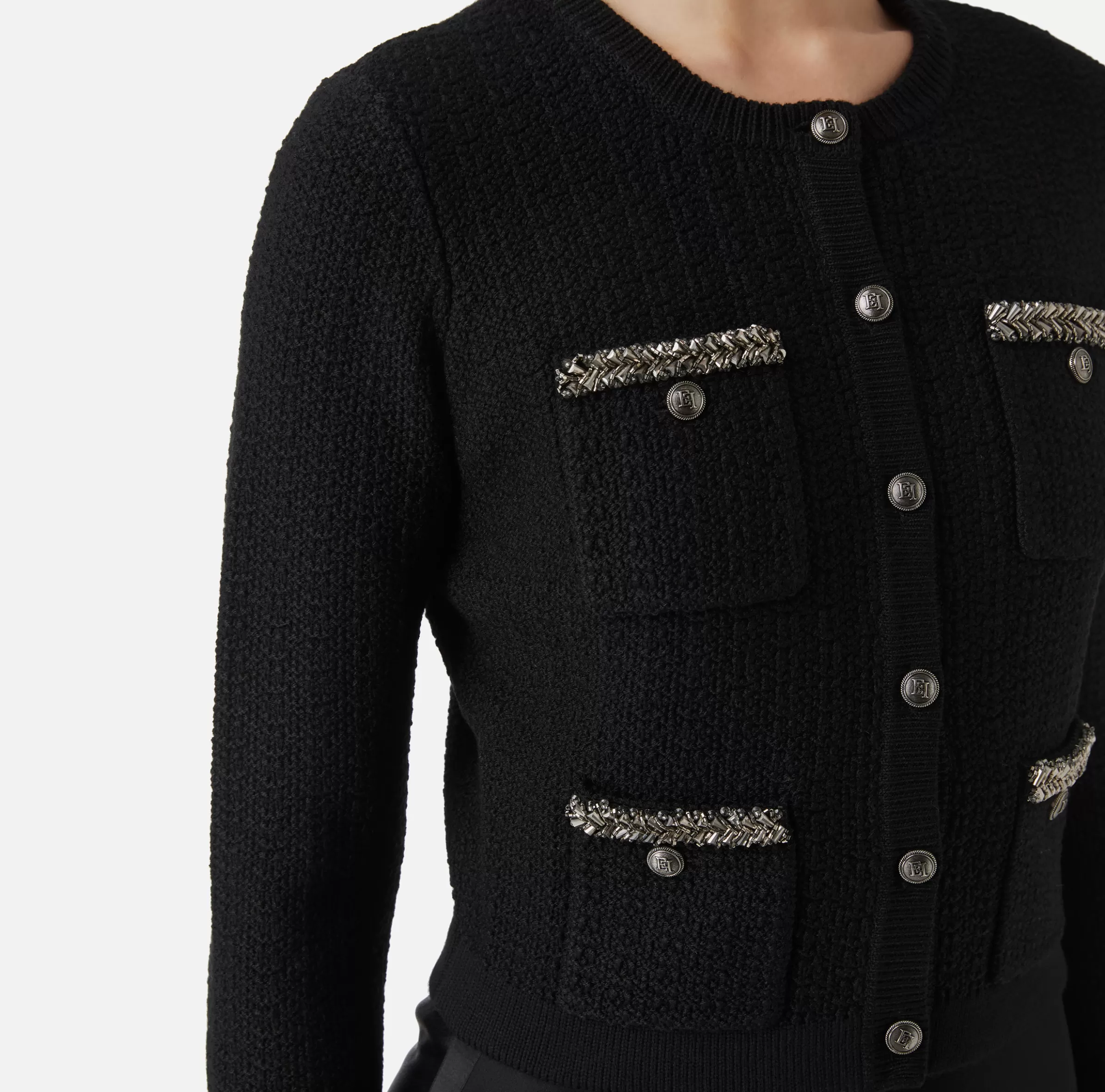 Elisabetta Franchi Maglieria E Felpe^Cardigan in lana bouclé con ricamo Nero