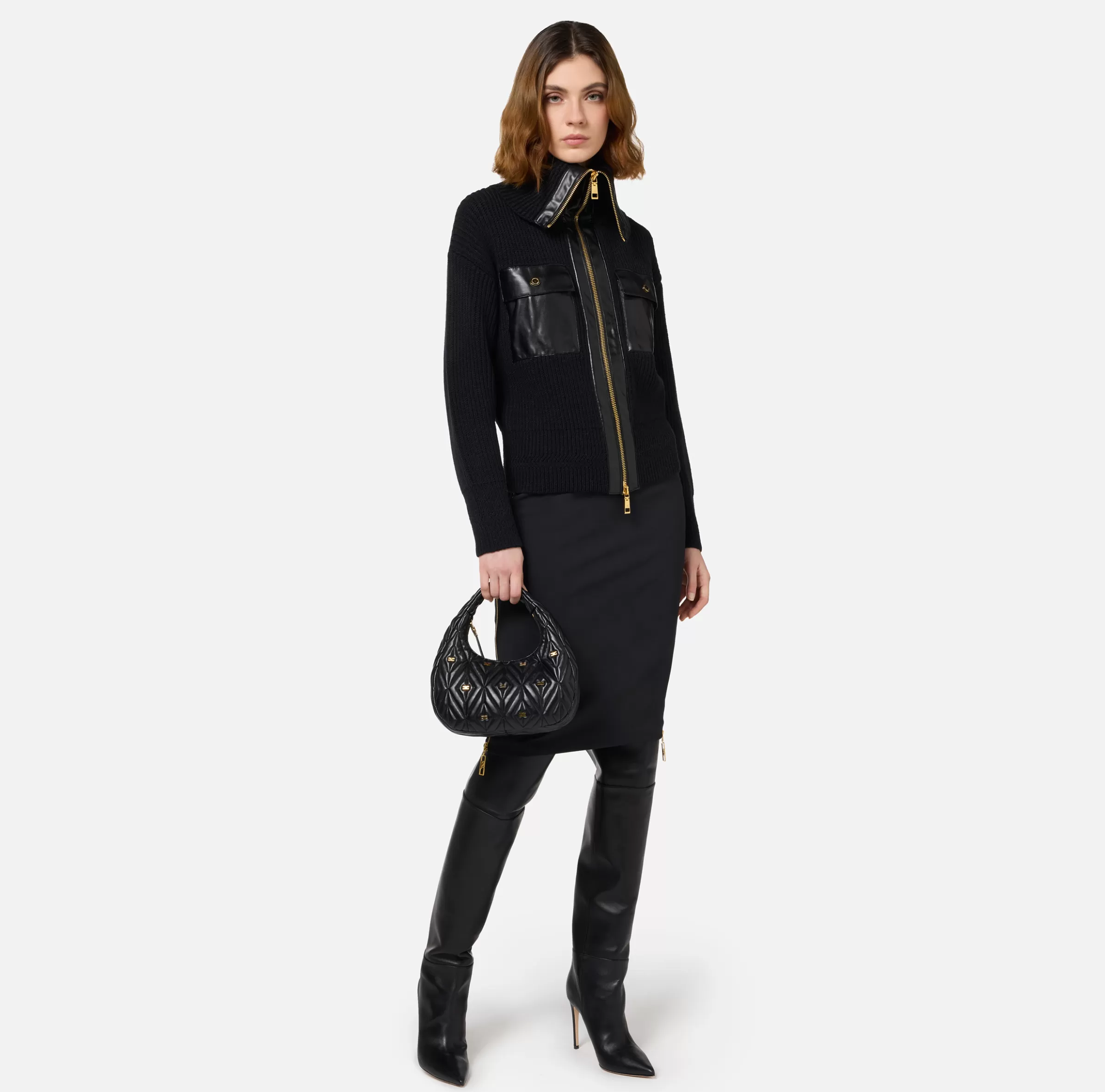 Elisabetta Franchi Maglieria E Felpe^Cardigan in lana costa inglese con maxi zip Nero