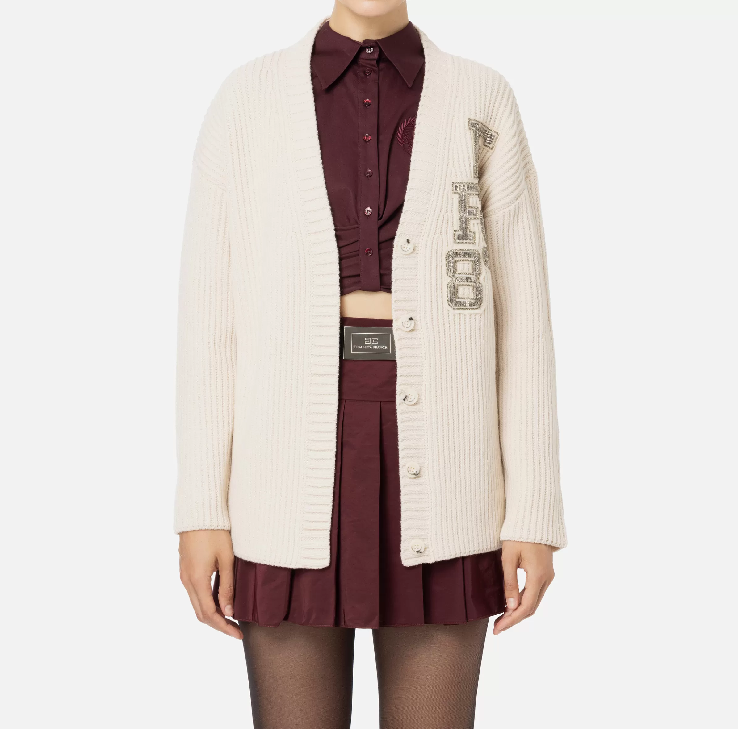 Elisabetta Franchi Maglieria E Felpe^Cardigan in lana costa inglese con patch logo Burro