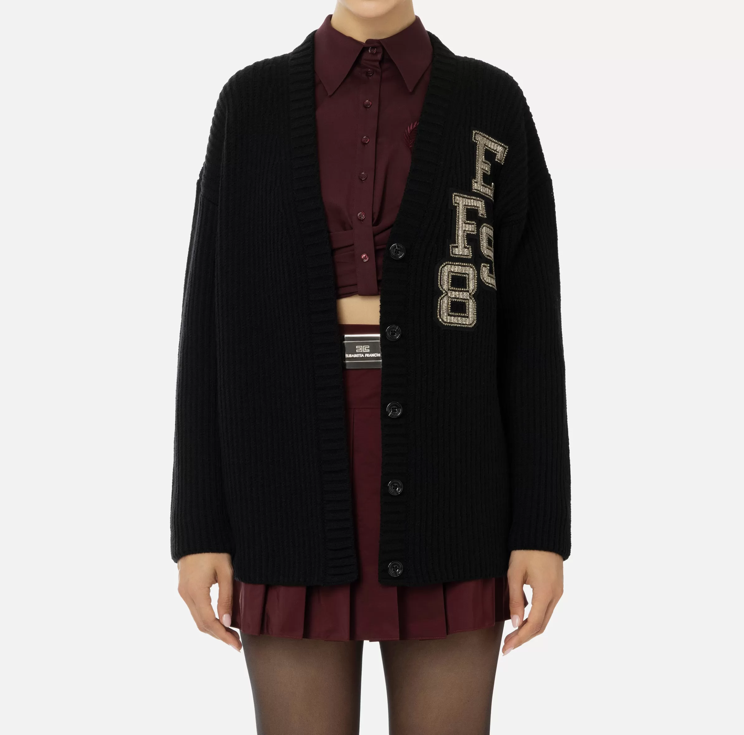 Elisabetta Franchi Maglieria E Felpe^Cardigan in lana costa inglese con patch logo Nero