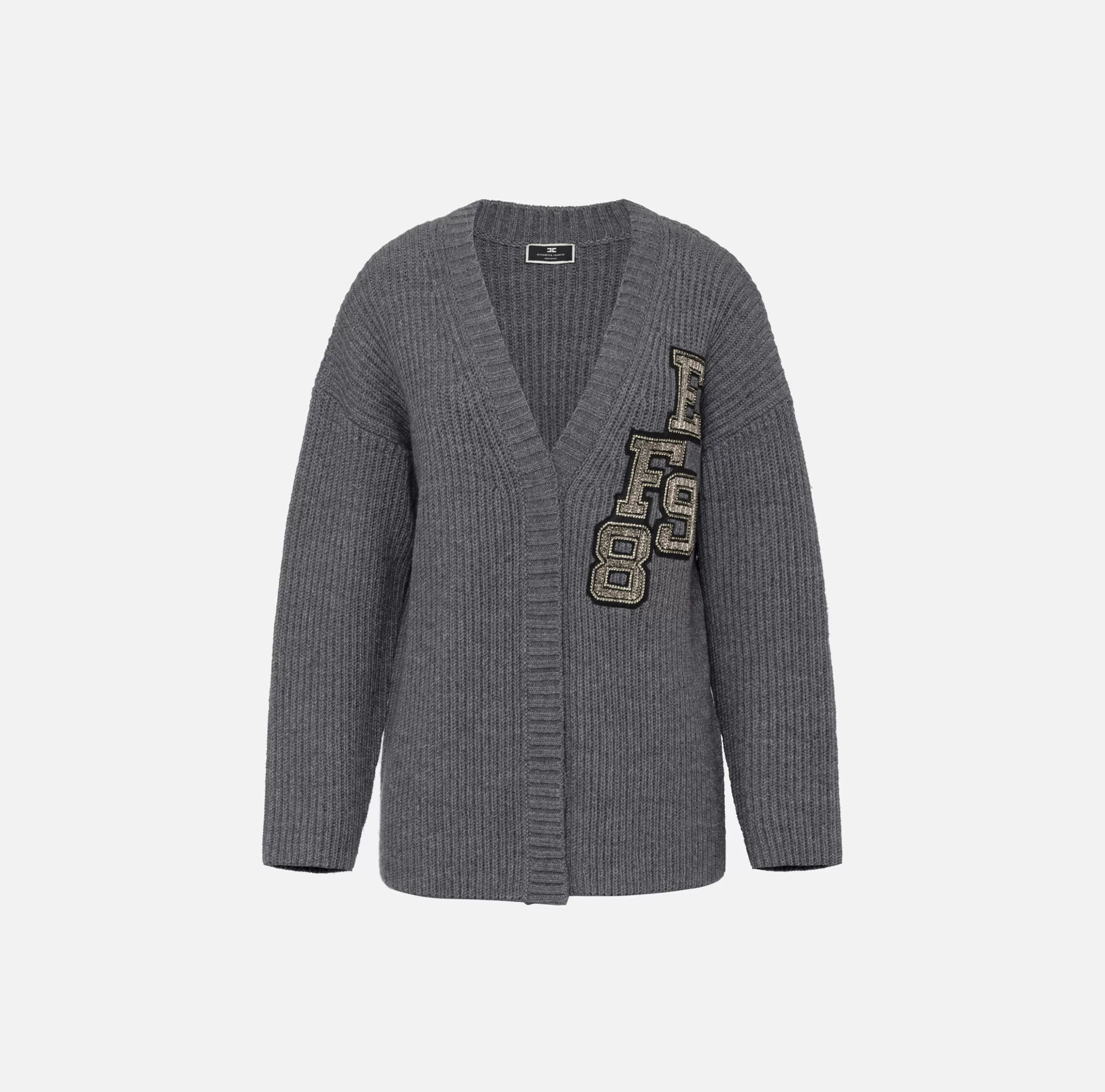 Elisabetta Franchi Maglieria E Felpe^Cardigan in lana costa inglese con patch logo SteelMelange