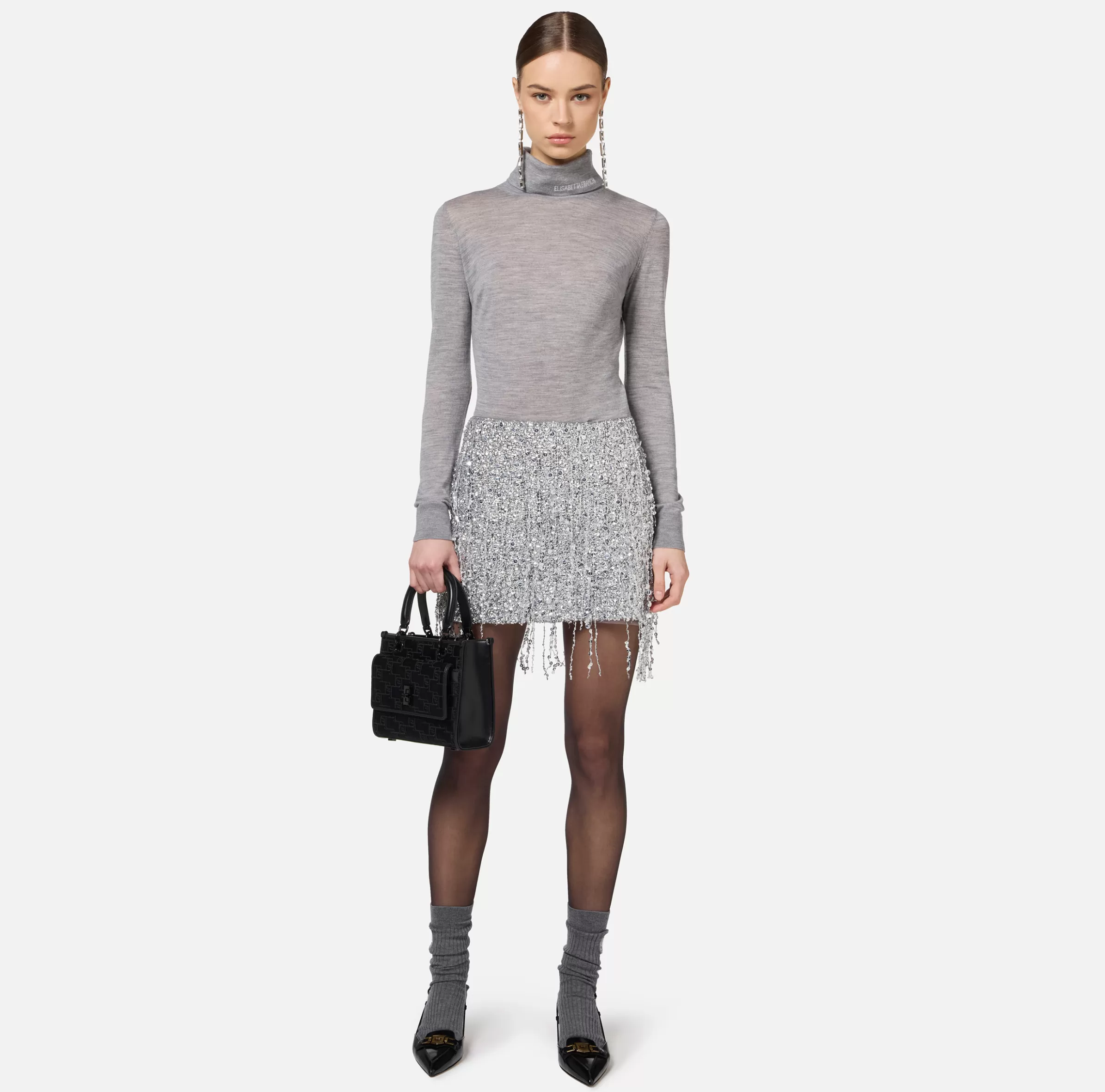 Elisabetta Franchi Maglieria E Felpe^Dolcevita in lana merino con logo jacquard Grigiomelange