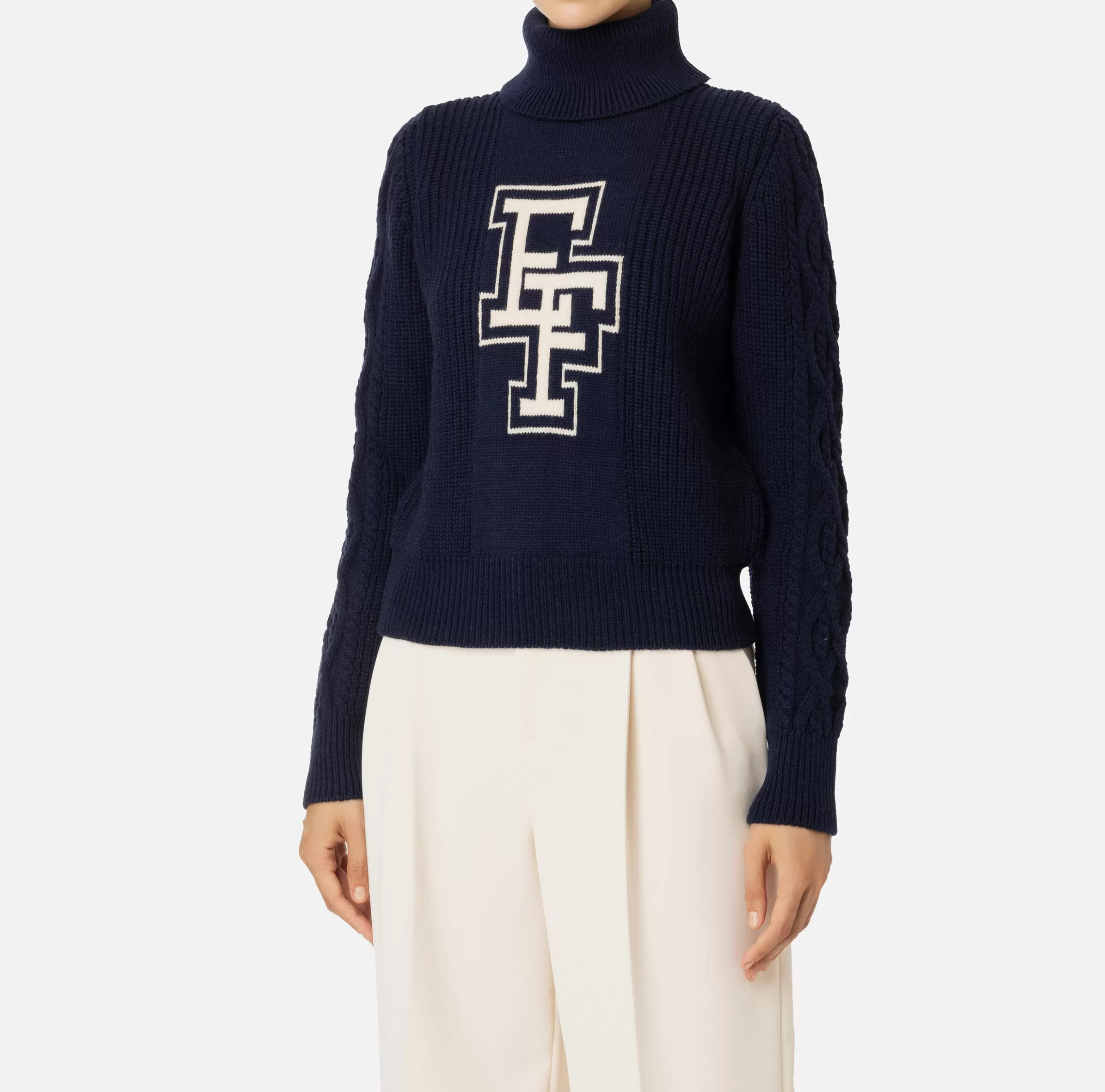 Elisabetta Franchi Maglieria E Felpe^Dolcevita in lana tipo college Navy/Burro