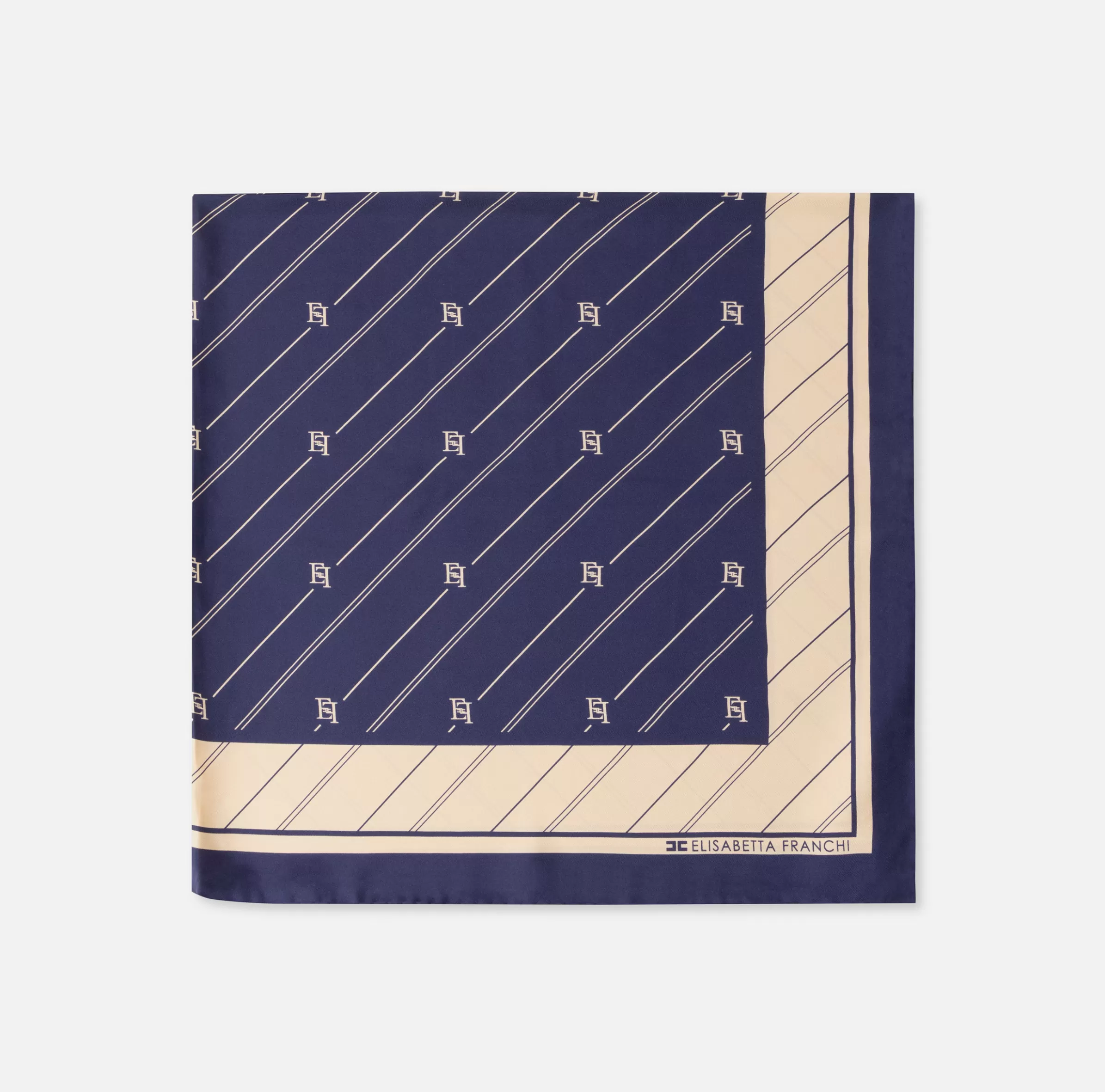 Elisabetta Franchi Sciarpe^Foulard in seta con pattern righe diagonali e logo Navy/Crema