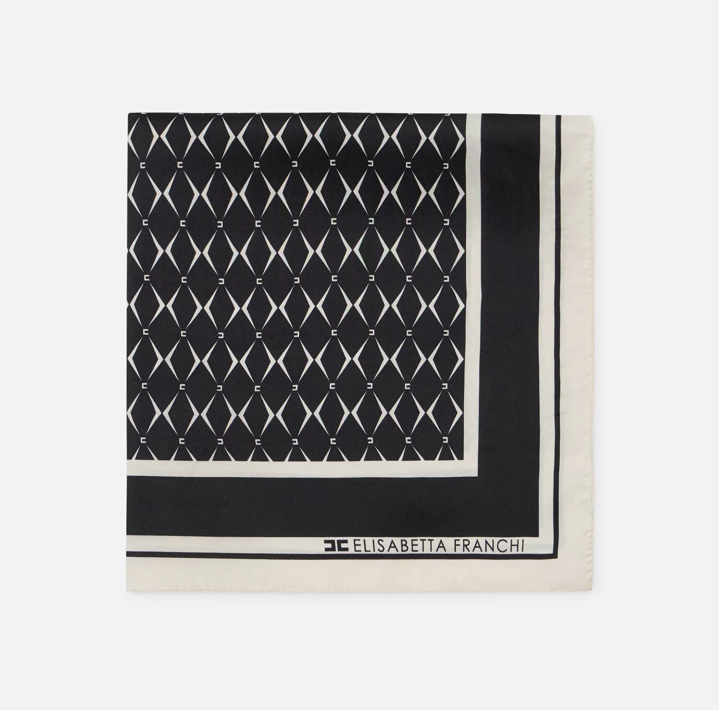 Elisabetta Franchi Sciarpe^Foulard in seta con pattern rombo e logo Nero/Burro