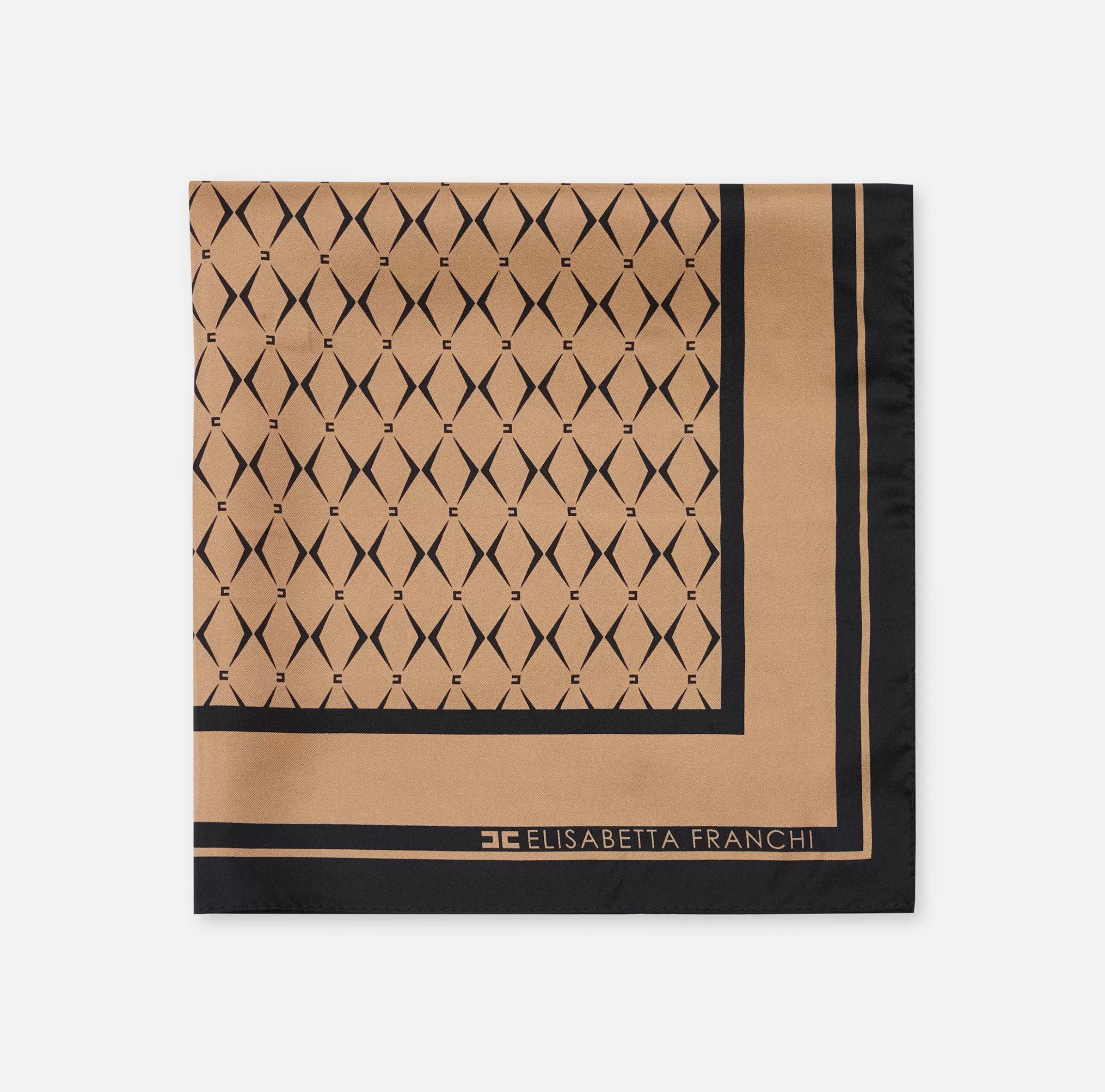 Elisabetta Franchi Sciarpe^Foulard in seta con pattern rombo e logo Camel/Nero