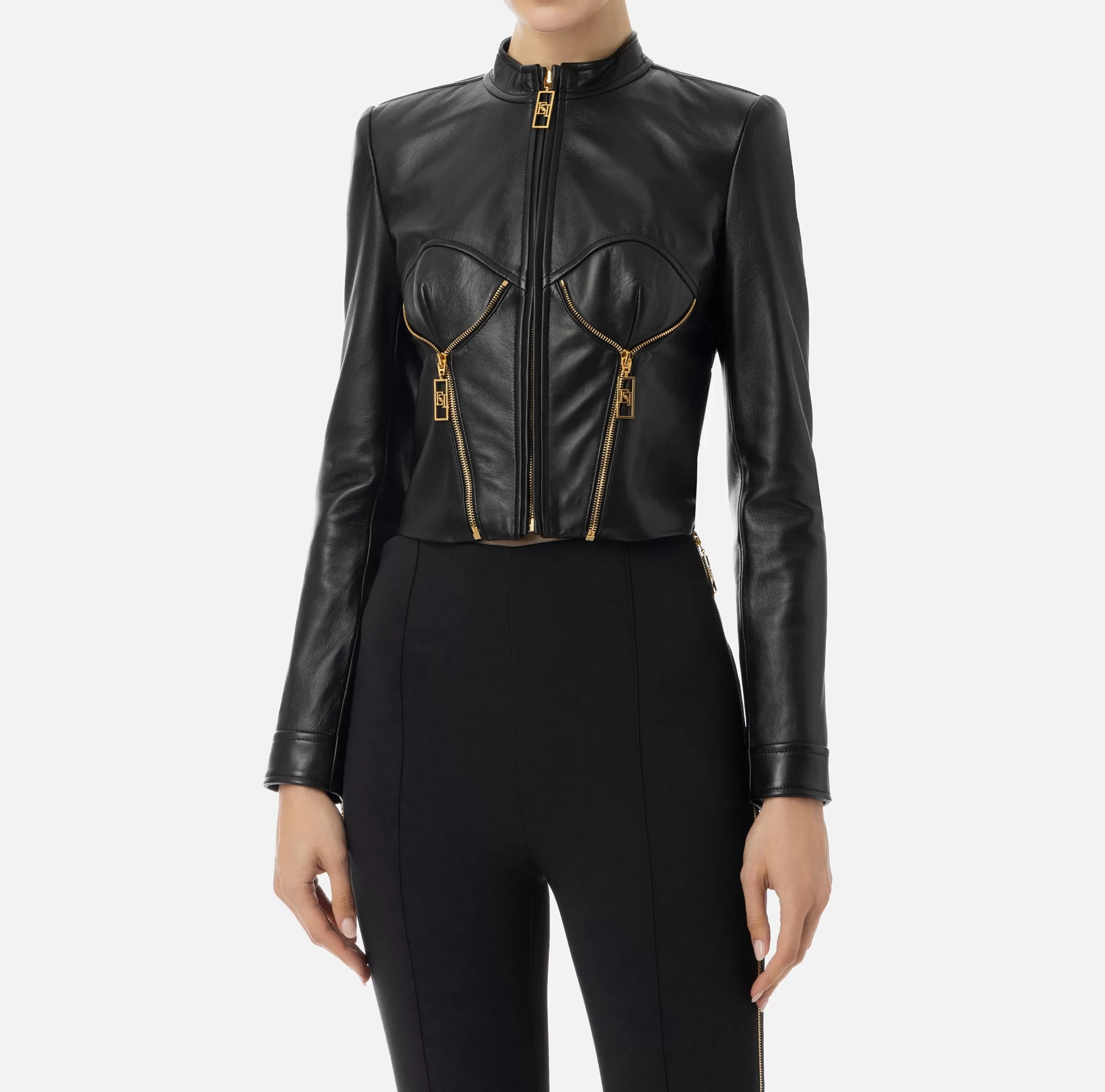 Elisabetta Franchi Giacche & Trench^Giacca biker in pelle con coppe Nero