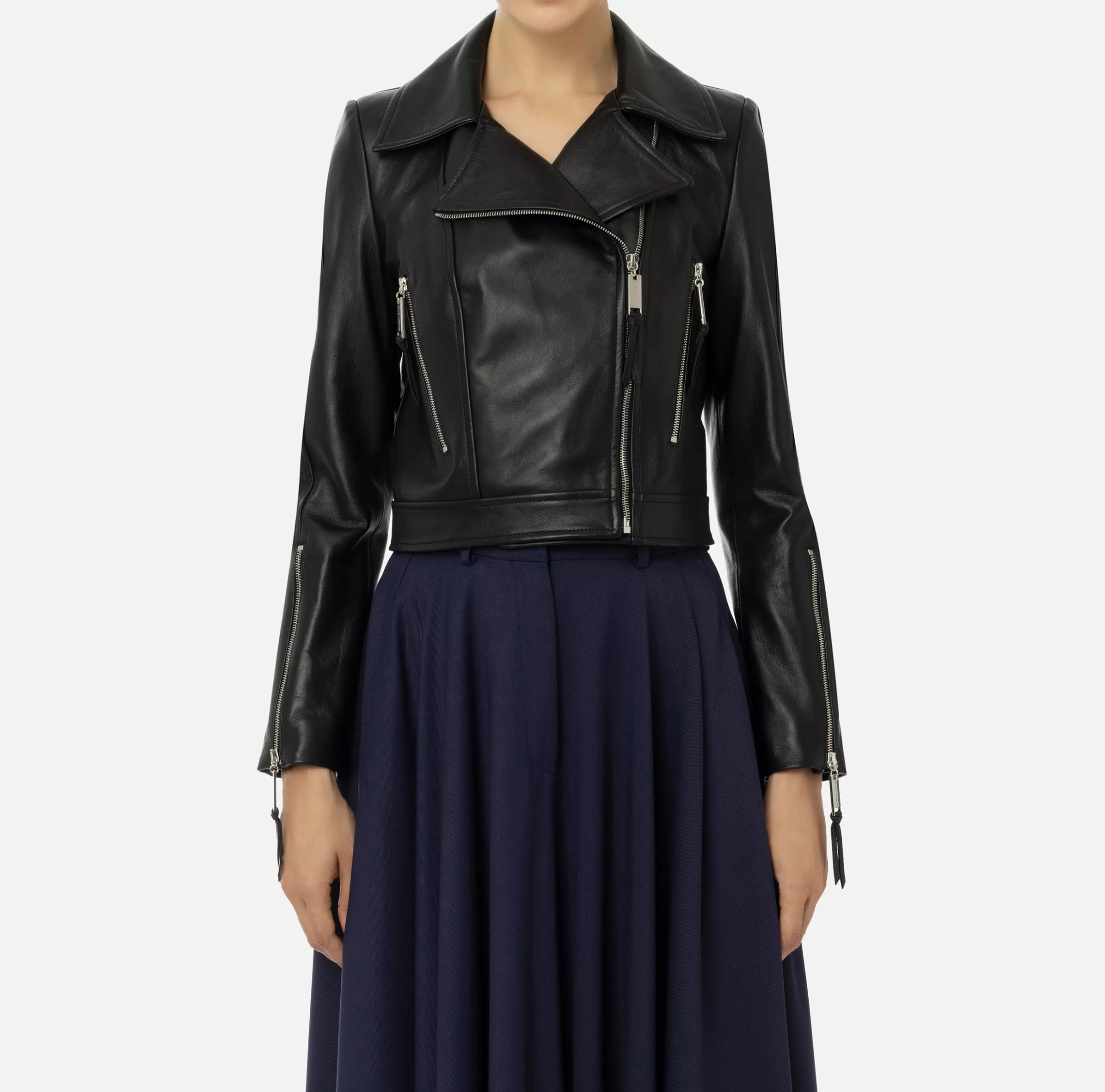 Elisabetta Franchi Giacche & Trench^Giacca biker in pelle con zip Nero