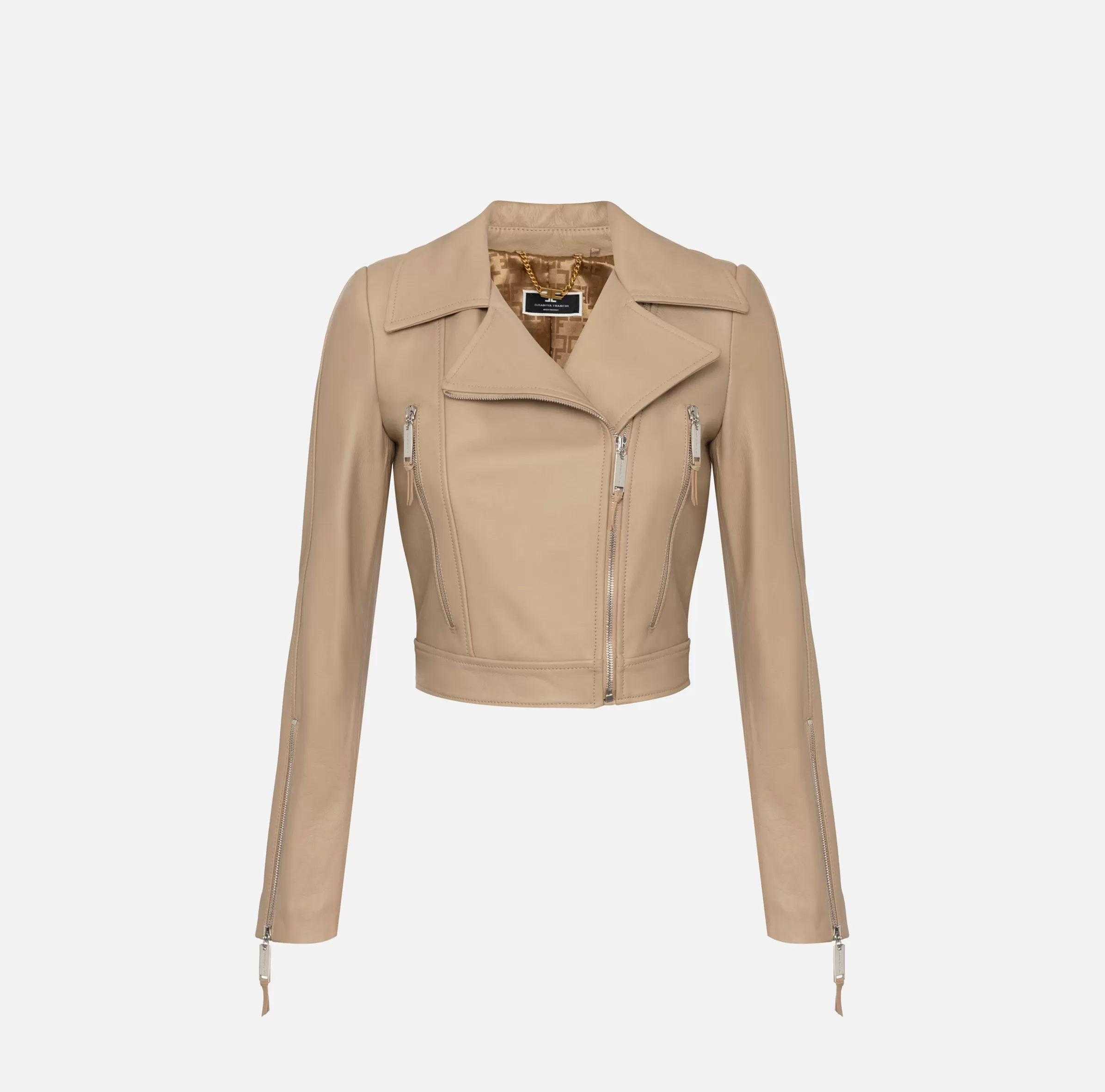 Elisabetta Franchi Giacche & Trench^Giacca biker in pelle con zip Camel