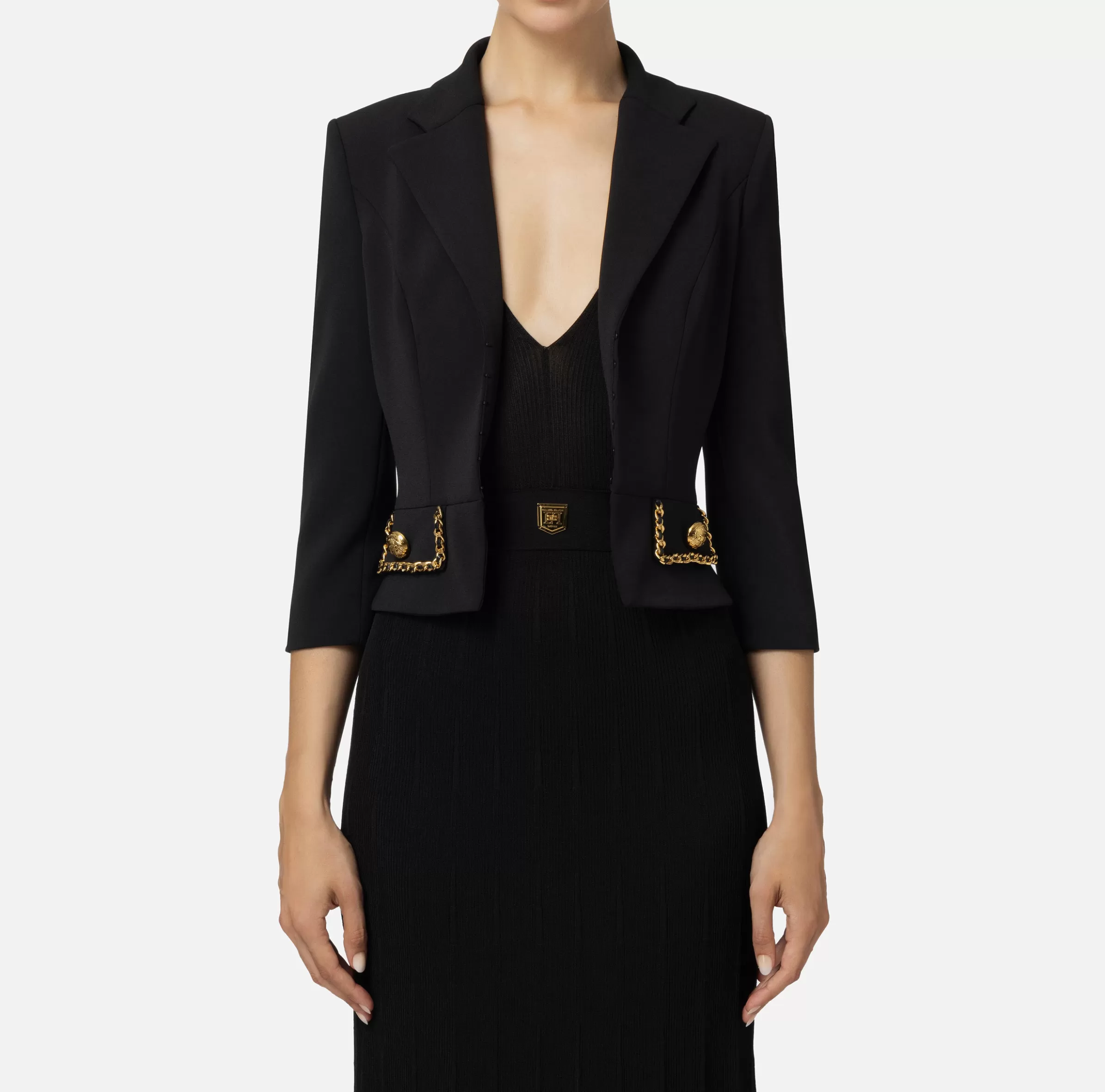 Elisabetta Franchi Tailleur | Giacche & Trench^Giacca cropped in crêpe stretch con catena Nero