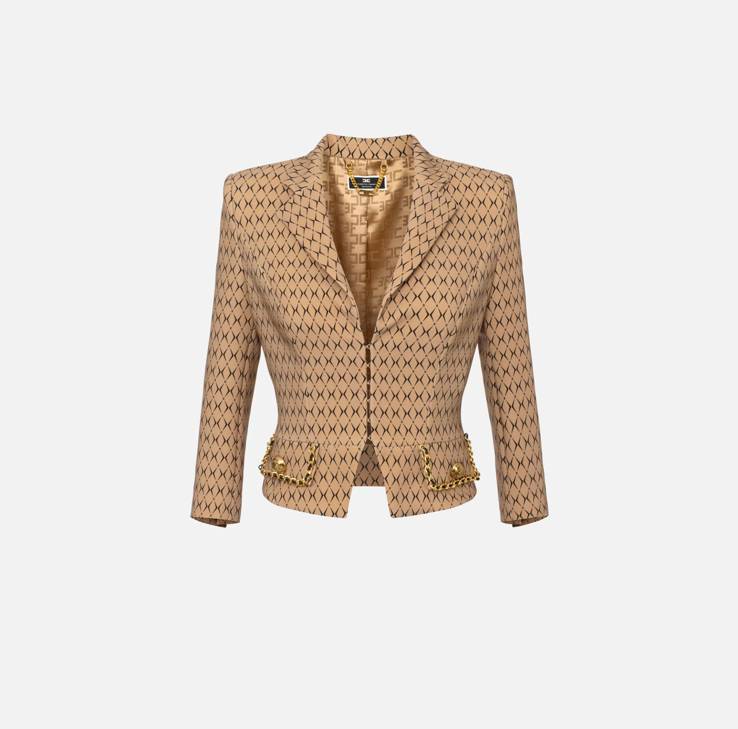 Elisabetta Franchi Giacche & Trench | Tailleur^Giacca cropped in crêpe stretch stampa rombo con catena Camel/Nero