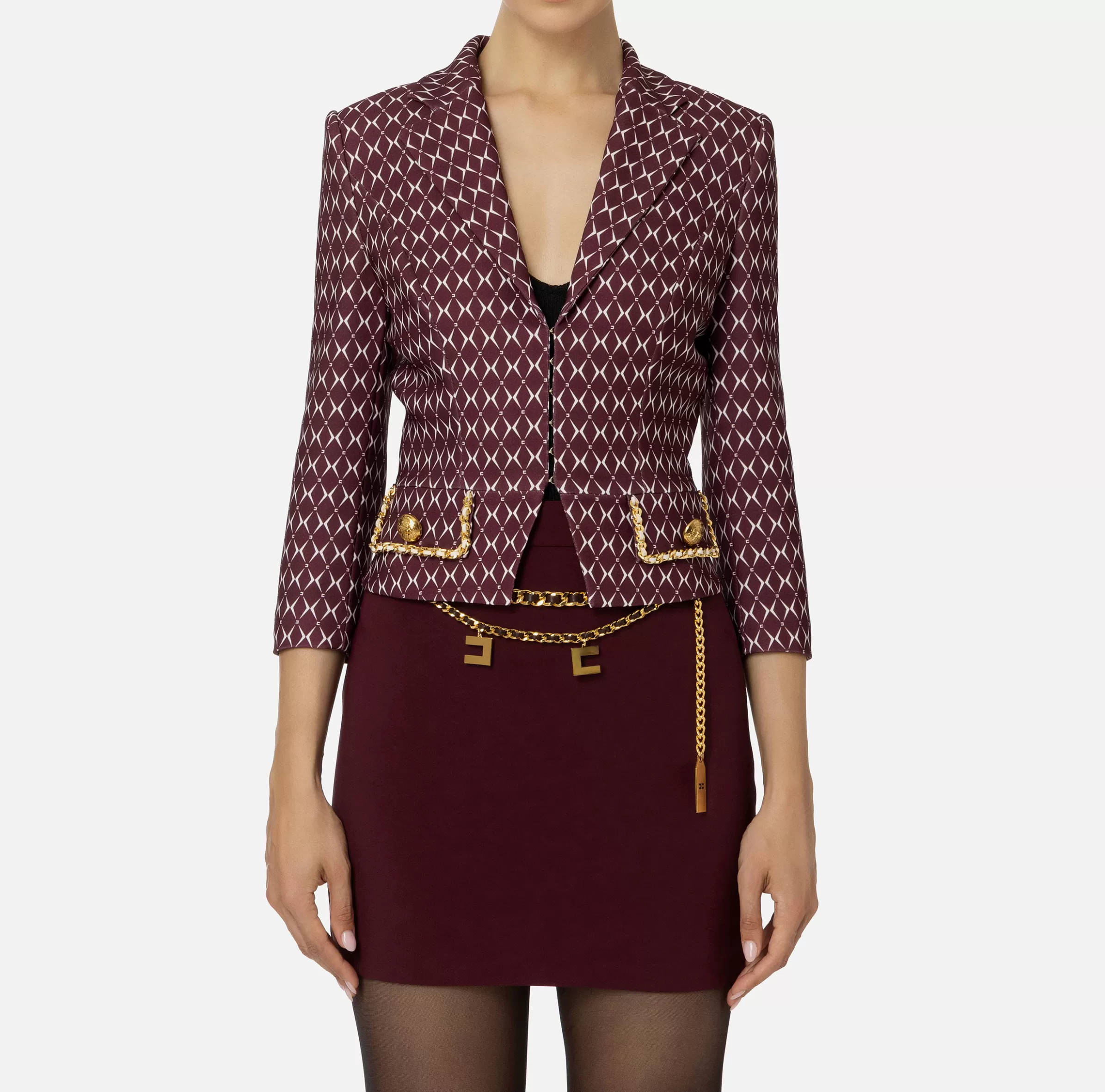 Elisabetta Franchi Giacche & Trench | Tailleur^Giacca cropped in crêpe stretch stampa rombo con catena RougeNoir/Burro