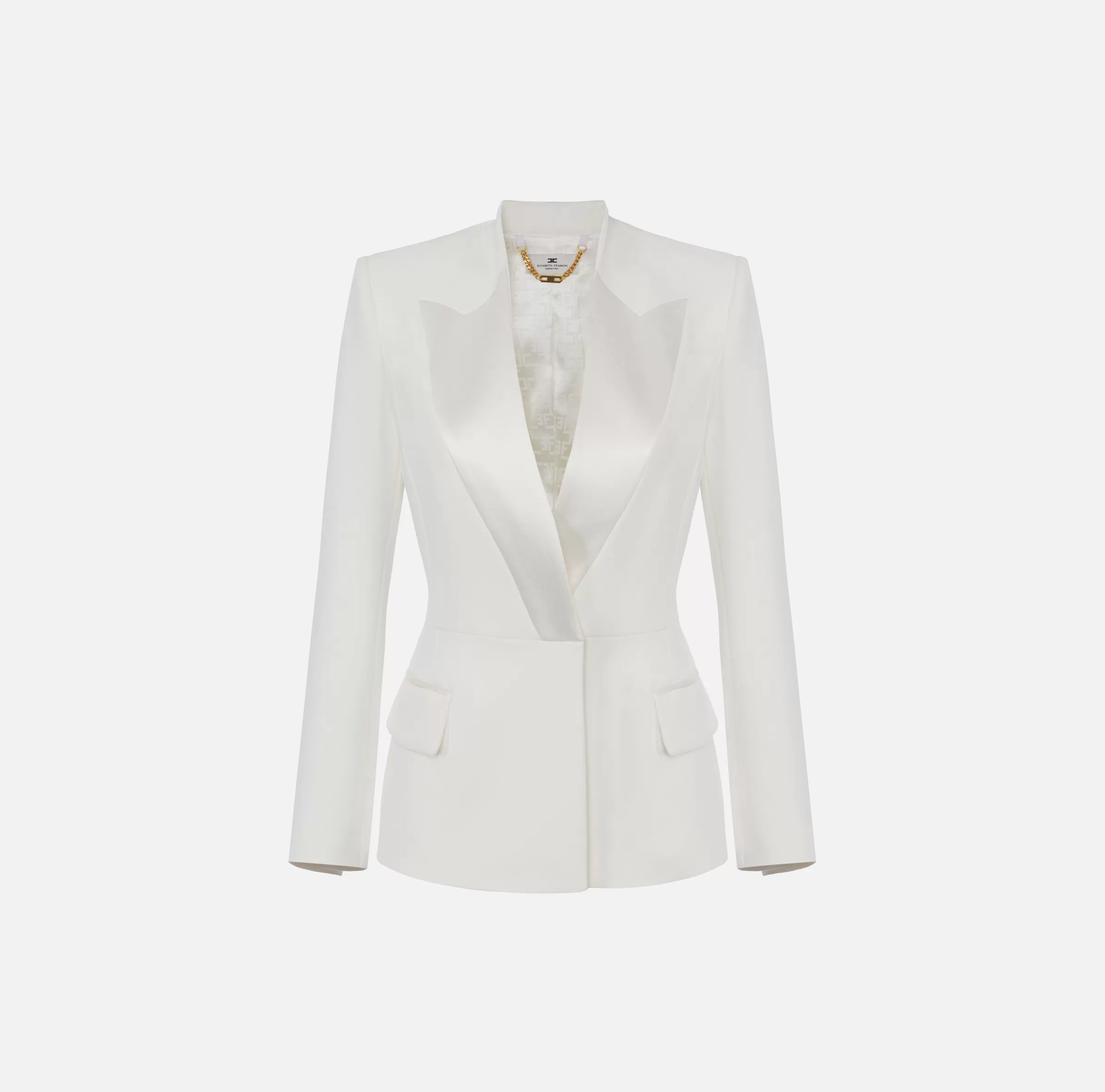 Elisabetta Franchi Giacche & Trench^Giacca doppiopetto in crêpe con revers in raso Avorio