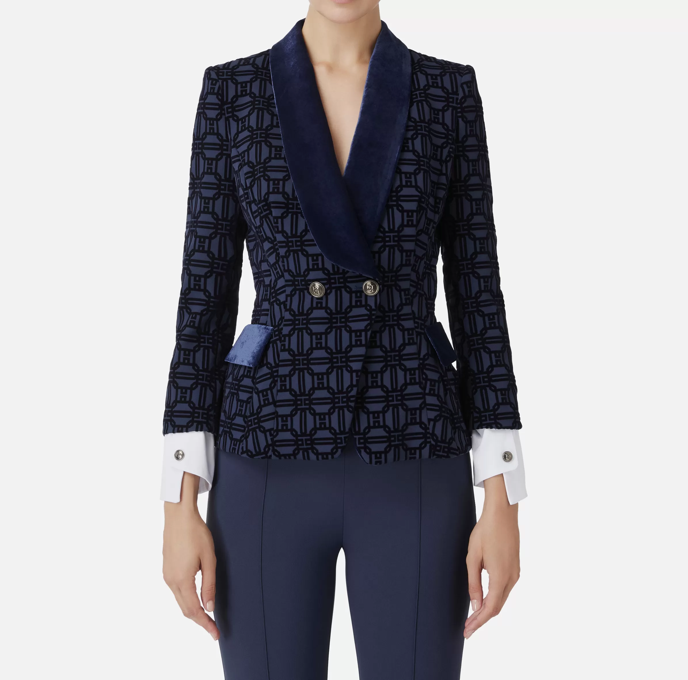 Elisabetta Franchi Tailleur | Giacche & Trench^Giacca doppiopetto in crêpe flock Navy