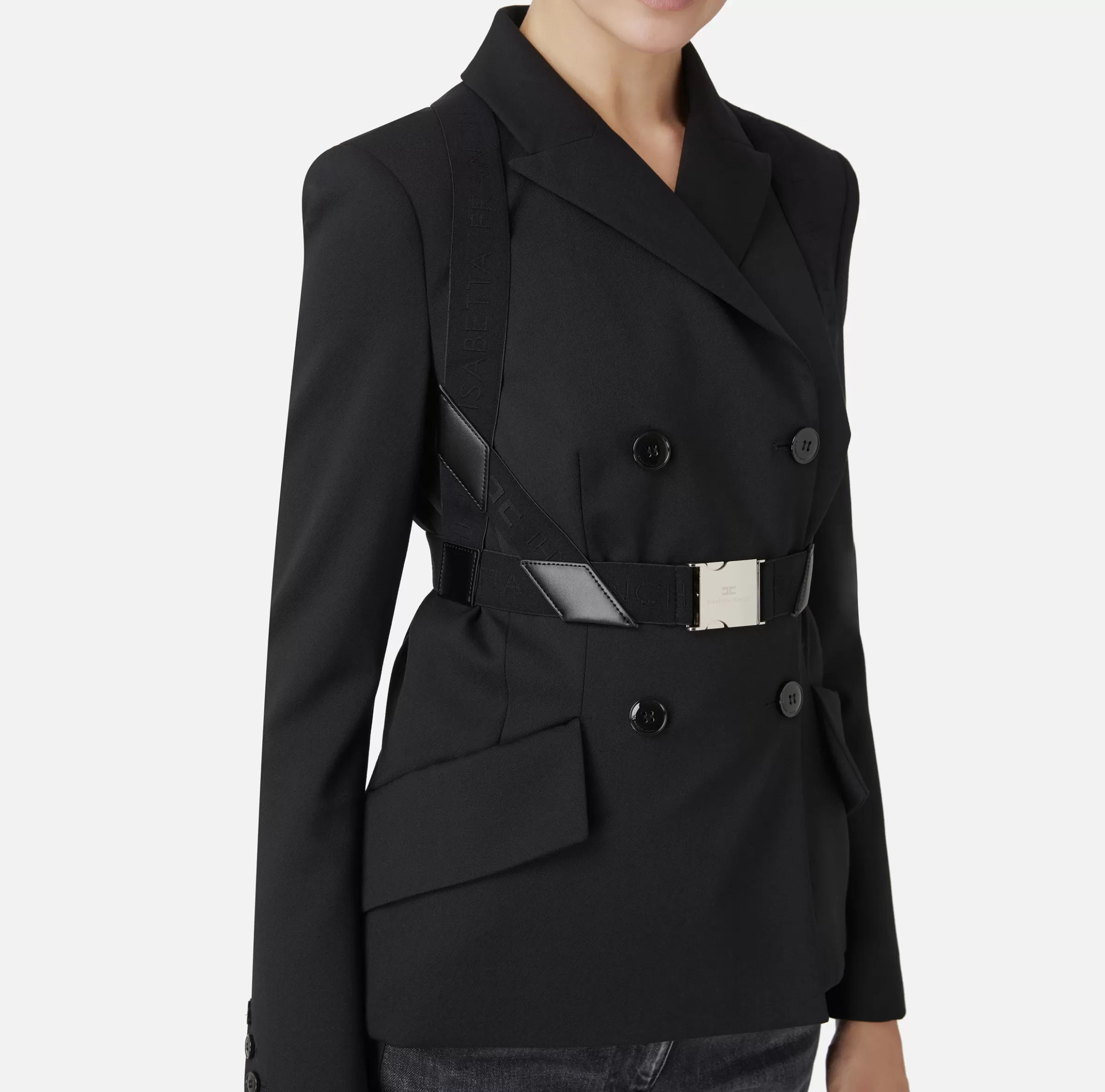 Elisabetta Franchi Tailleur | Giacche & Trench^Giacca doppiopetto in fresco lana mélange con harness elastico Nero