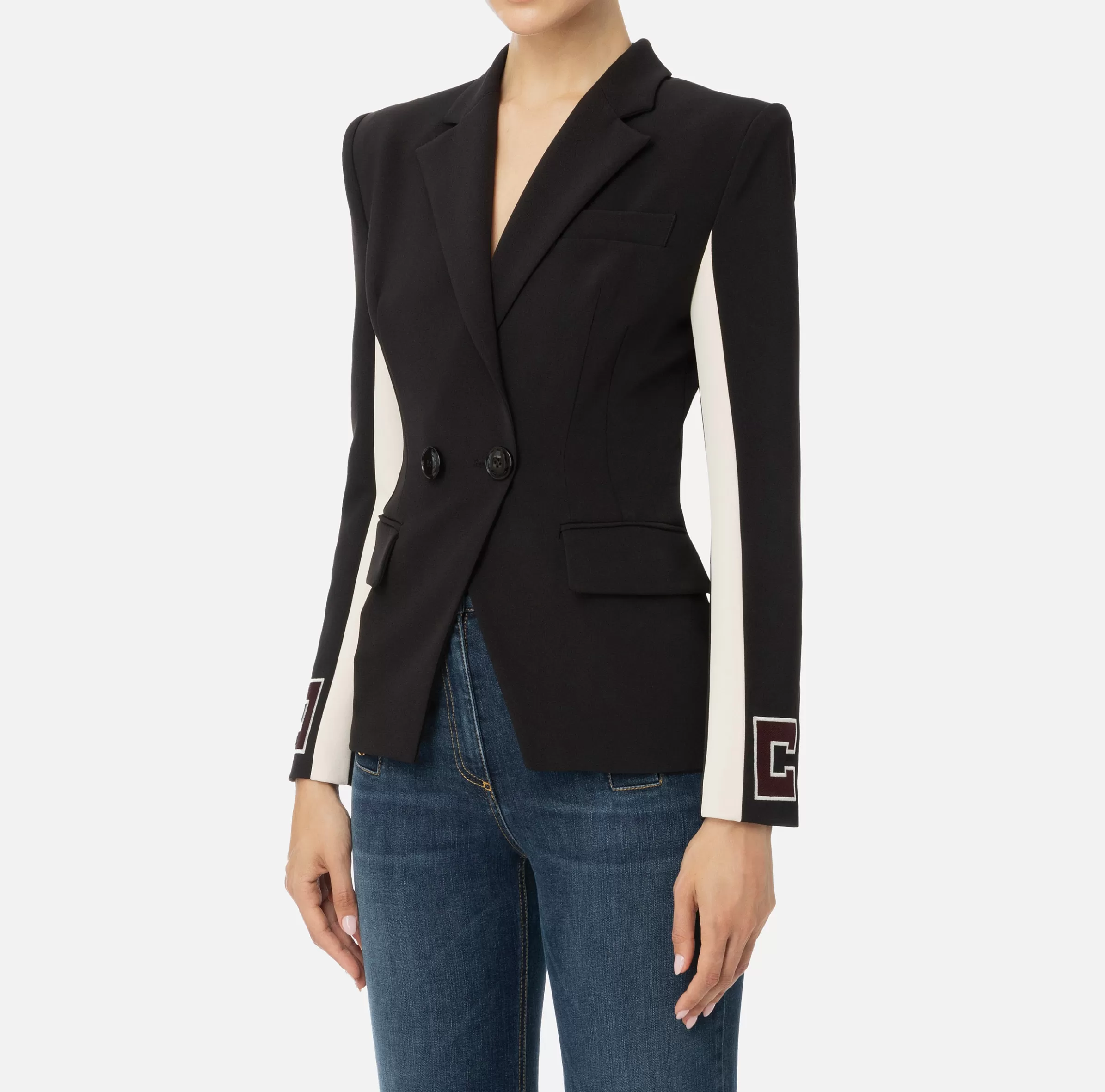 Elisabetta Franchi Giacche & Trench^Giacca in crêpe stretch con bande e ricamo logo Nero/Burro