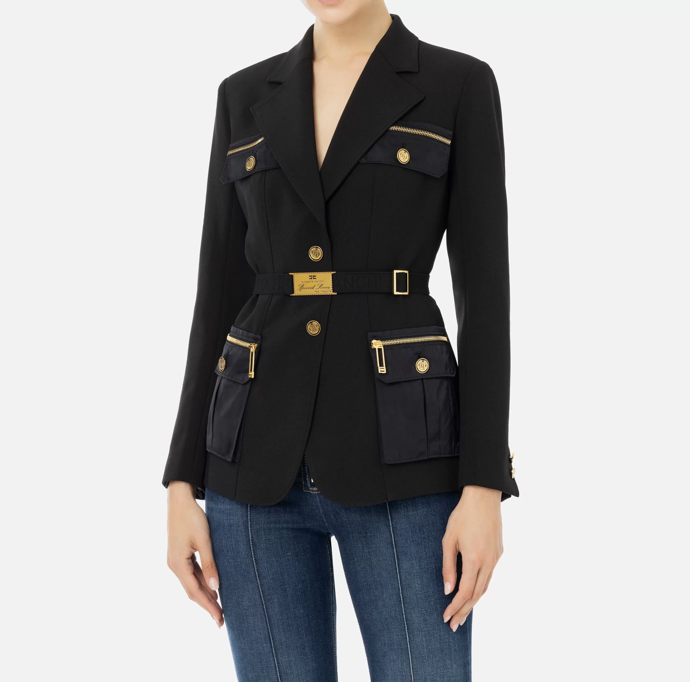 Elisabetta Franchi Tailleur | Giacche & Trench^Giacca in crêpe stretch con cintura e tasche Nero