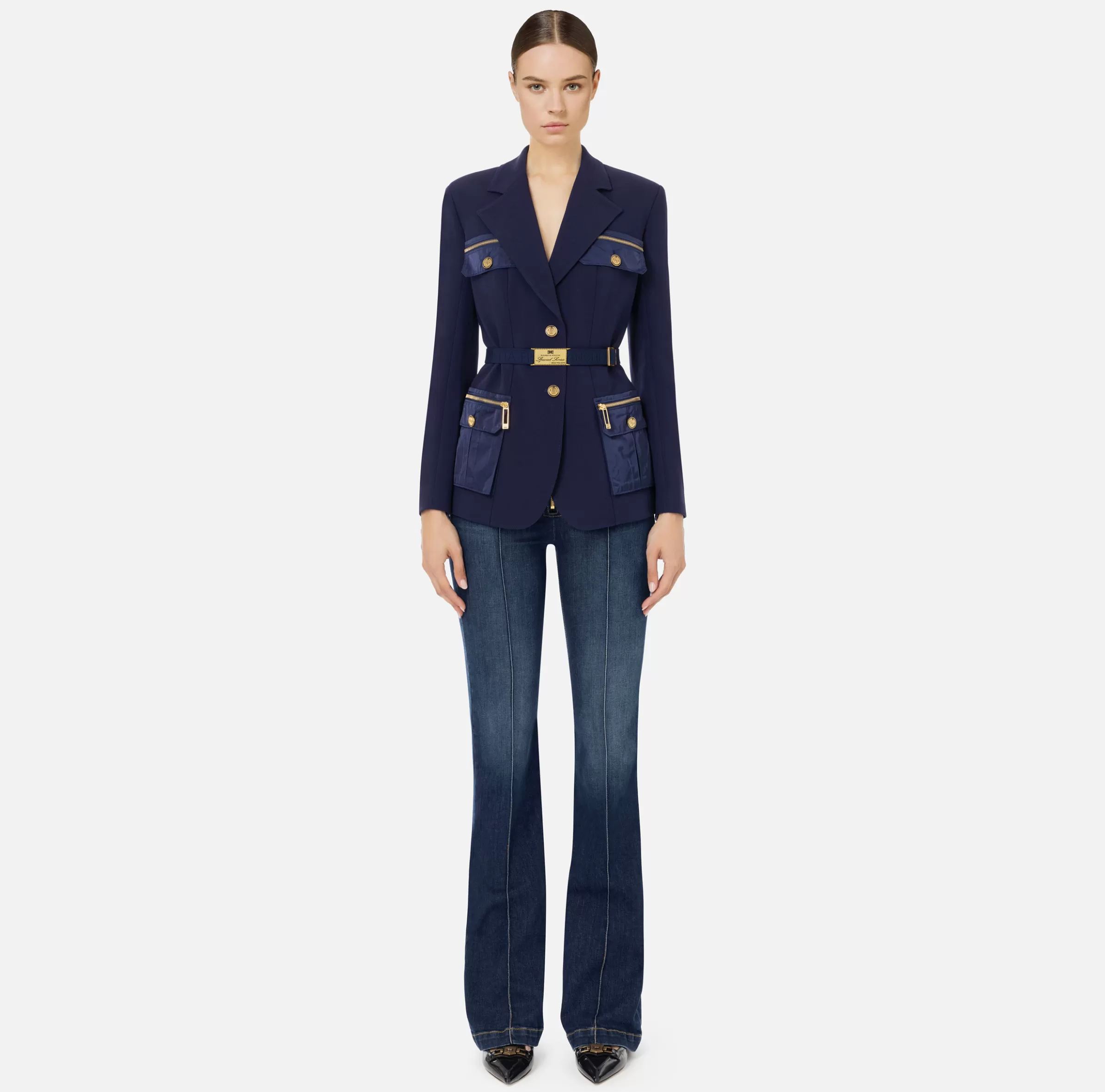 Elisabetta Franchi Tailleur | Giacche & Trench^Giacca in crêpe stretch con cintura e tasche Navy