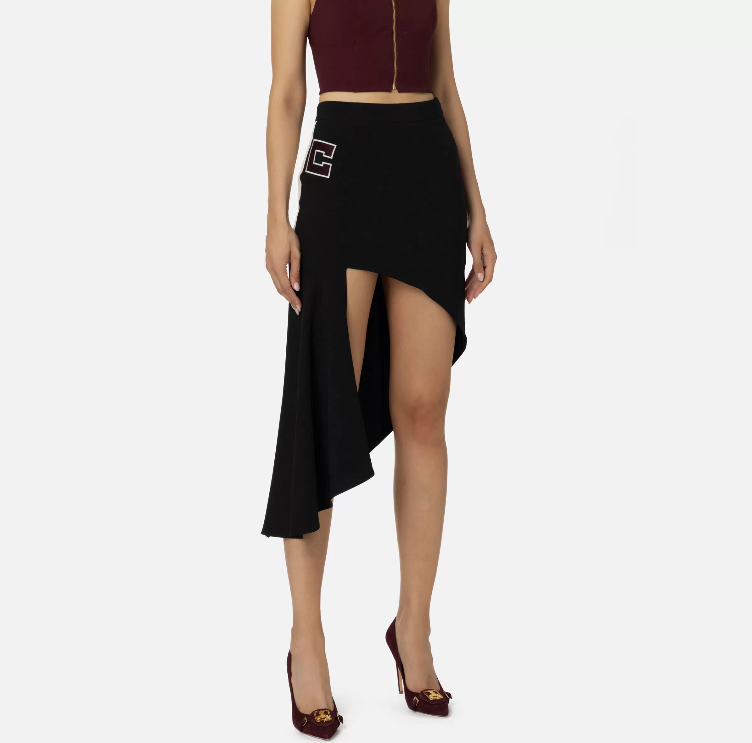 Elisabetta Franchi Gonne^Gonna asimmetrica in crêpe stretch con bande e ricamo logo Nero/Burro