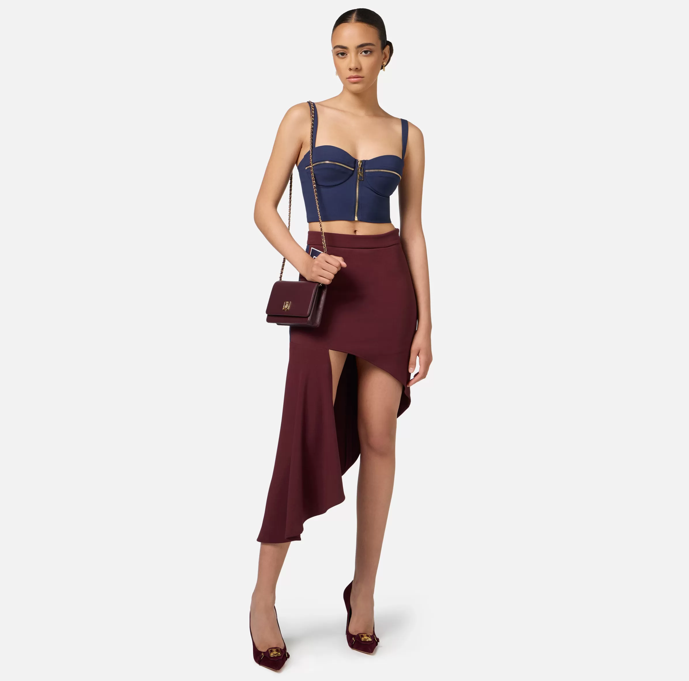 Elisabetta Franchi Gonne^Gonna asimmetrica in crêpe stretch con bande e ricamo logo Oro