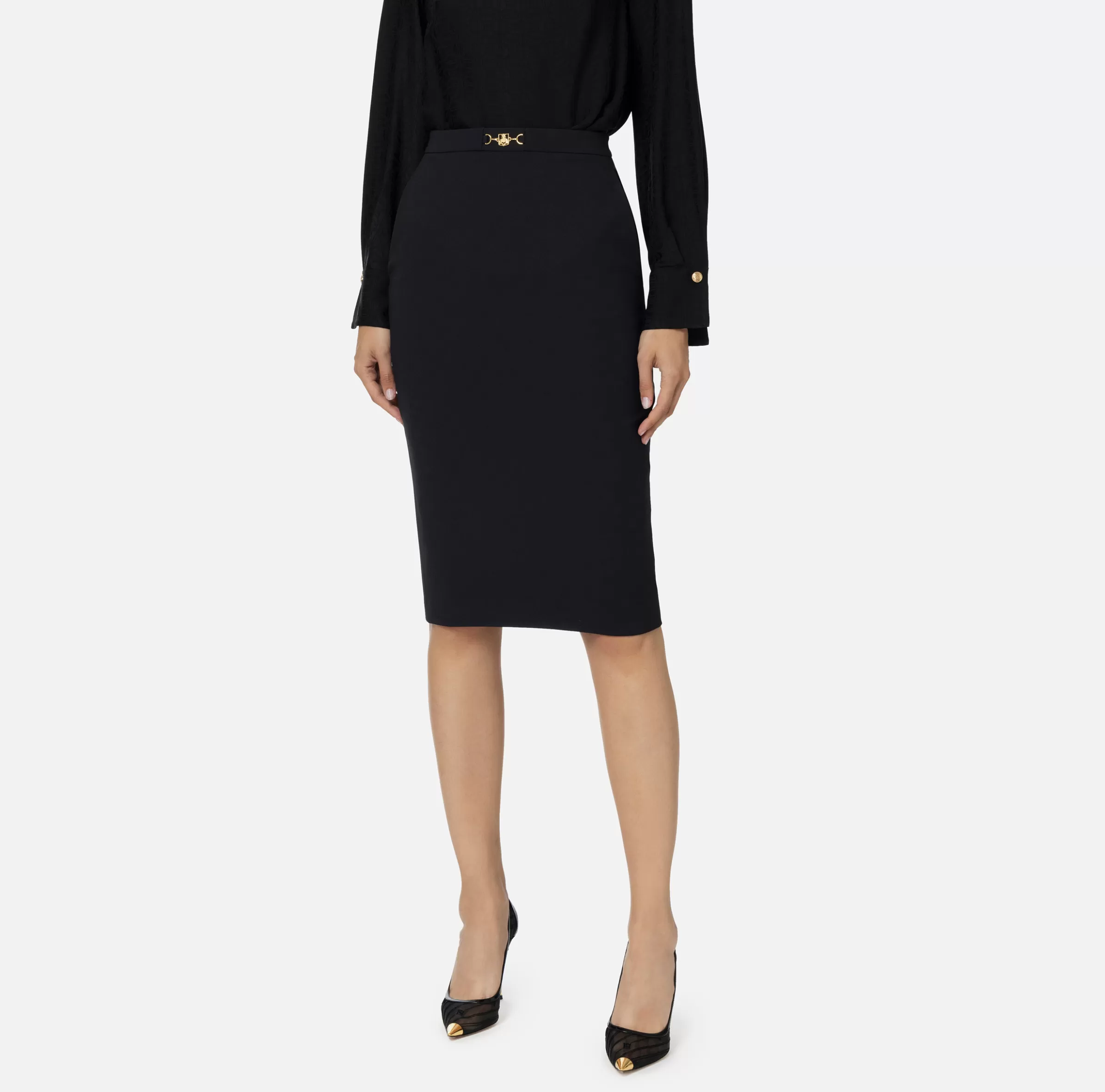 Elisabetta Franchi Tailleur | Gonne^Gonna midi in crêpe stretch con morsetto Nero