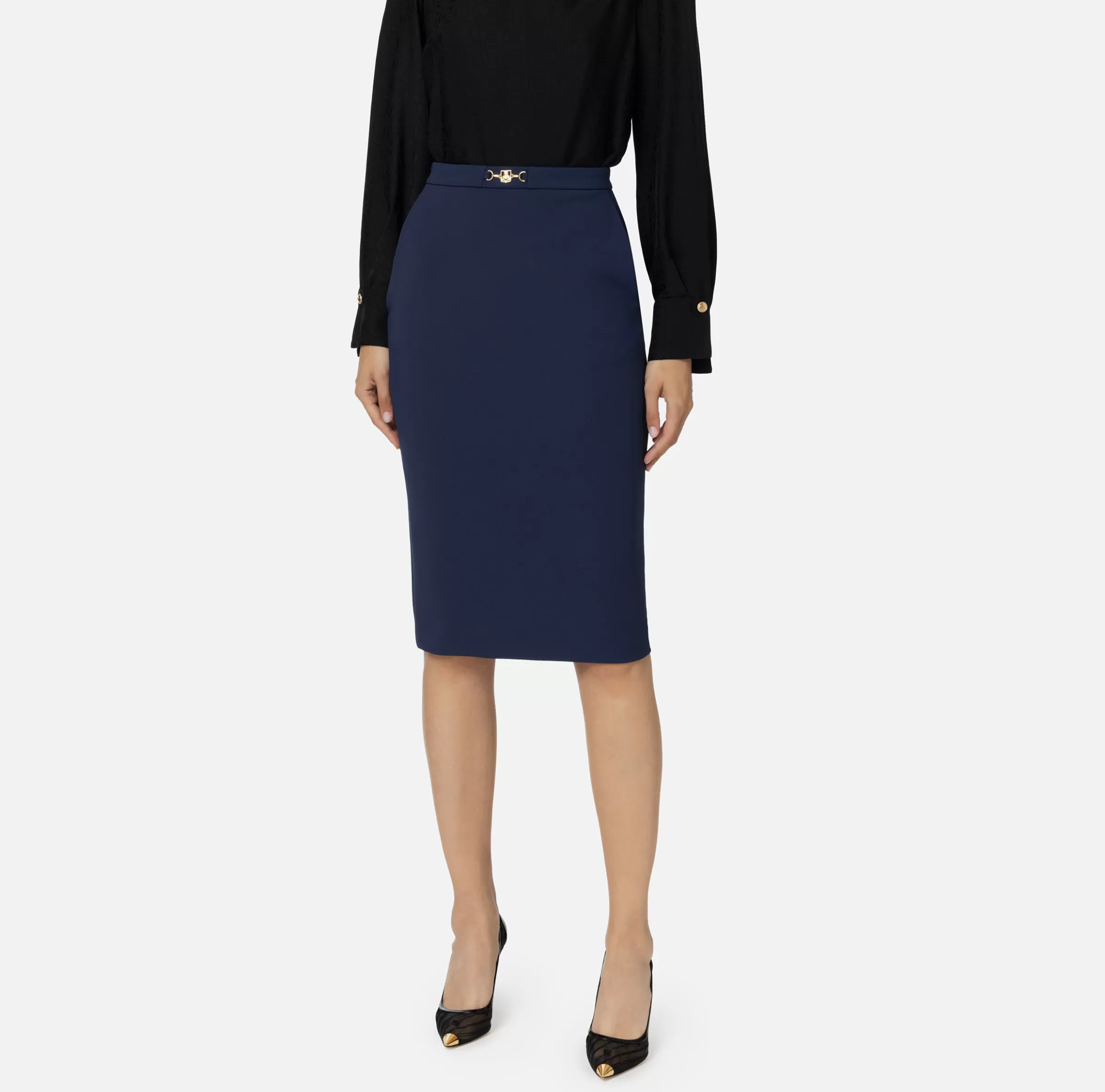 Elisabetta Franchi Tailleur | Gonne^Gonna midi in crêpe stretch con morsetto Navy