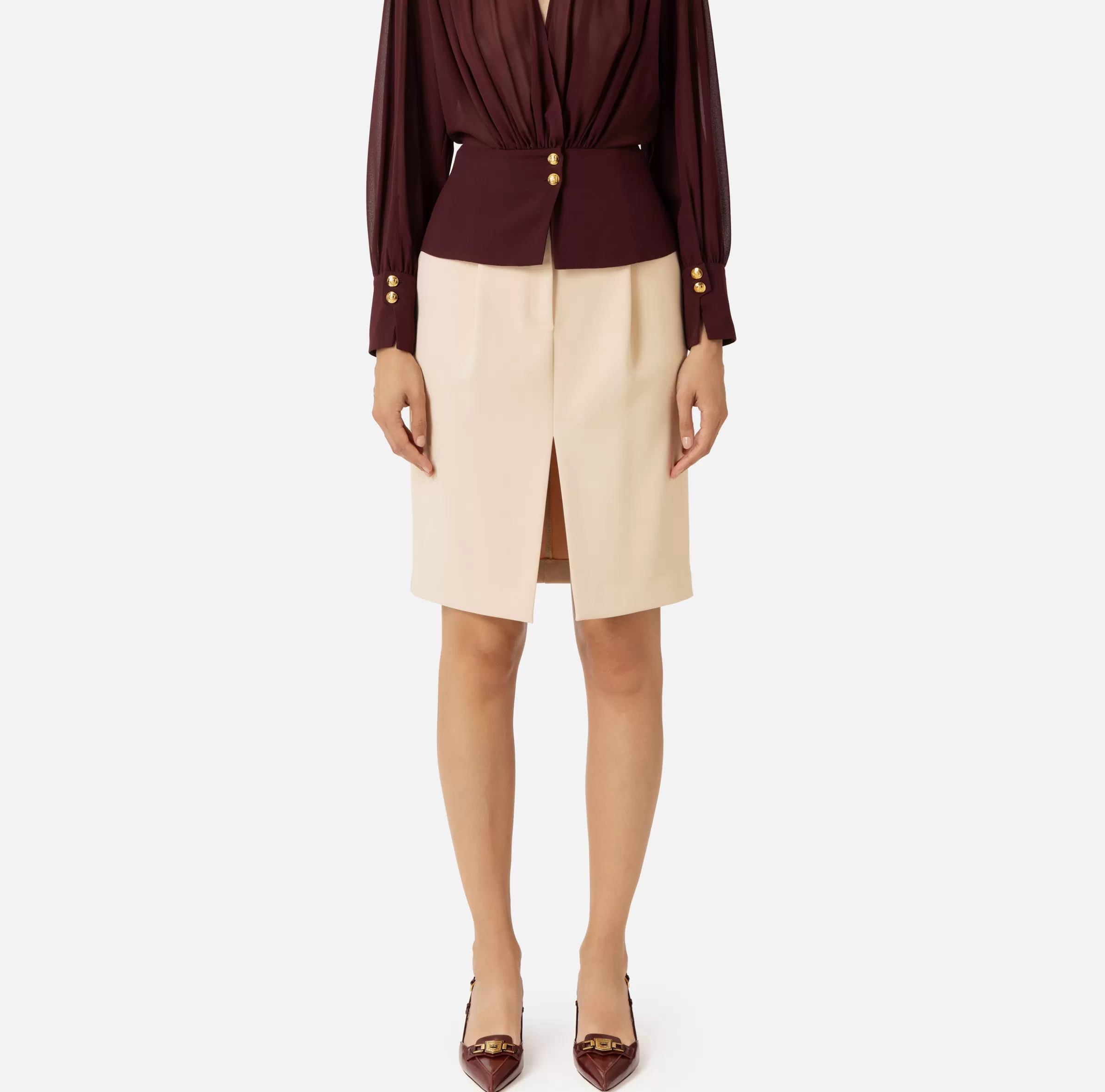 Elisabetta Franchi Gonne^Gonna midi in crêpe stretch con pinces Crema