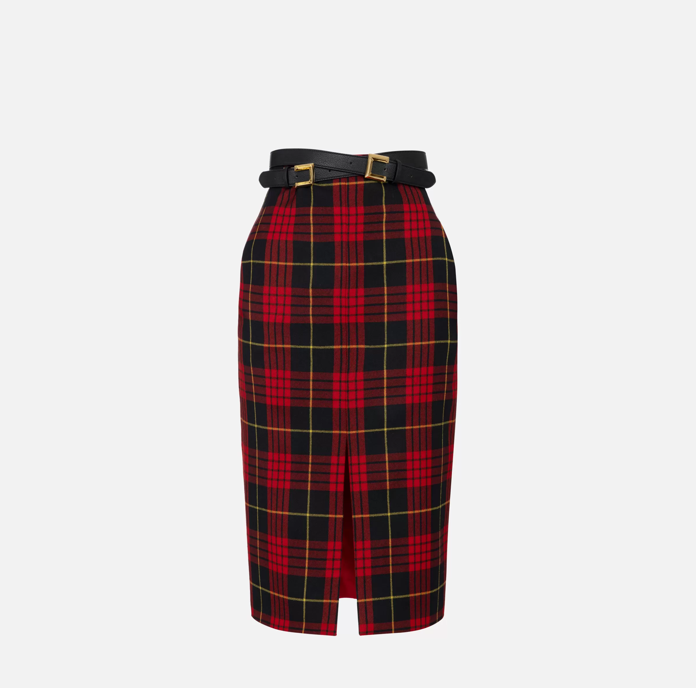 Elisabetta Franchi Gonne^Gonna midi in lana tartan con cintura Nero/RedPassion